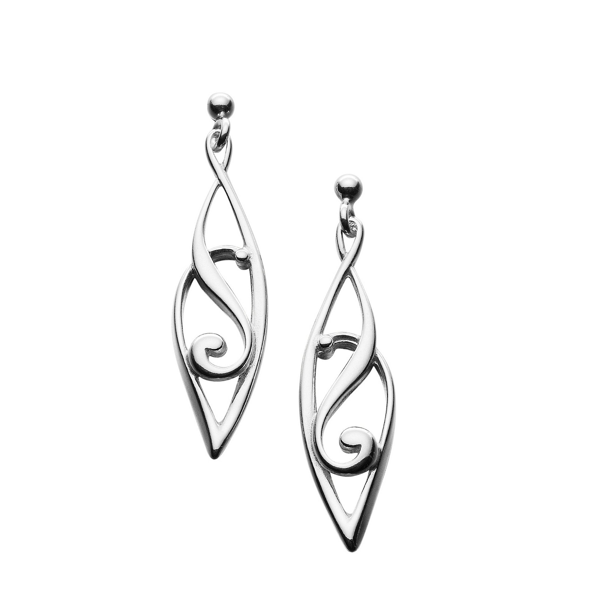 A pair of silver drop earrings with a modern design, part of the Carron Collection.