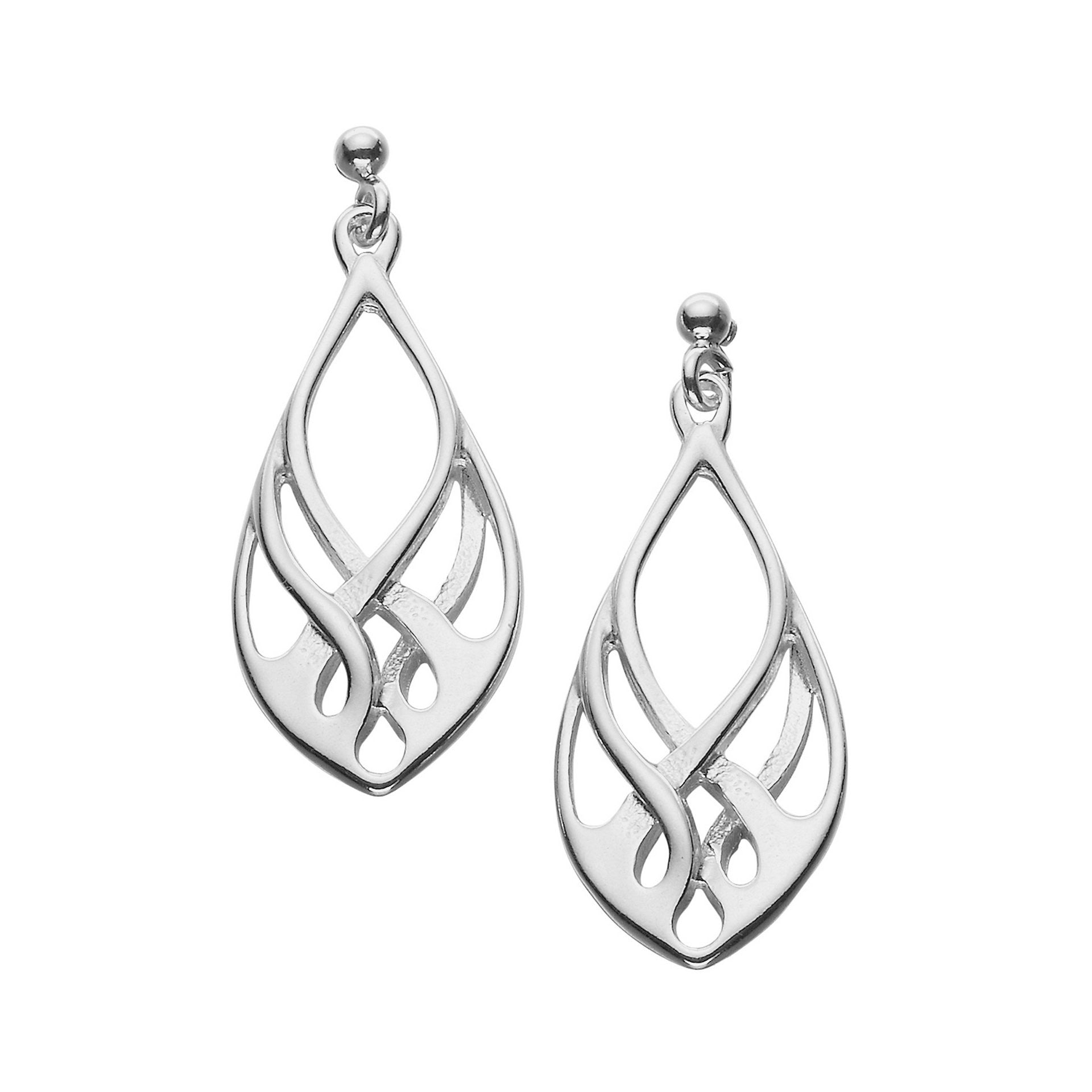 A pair of silver drop earrings with a delicate flow design from the Lomond Collection