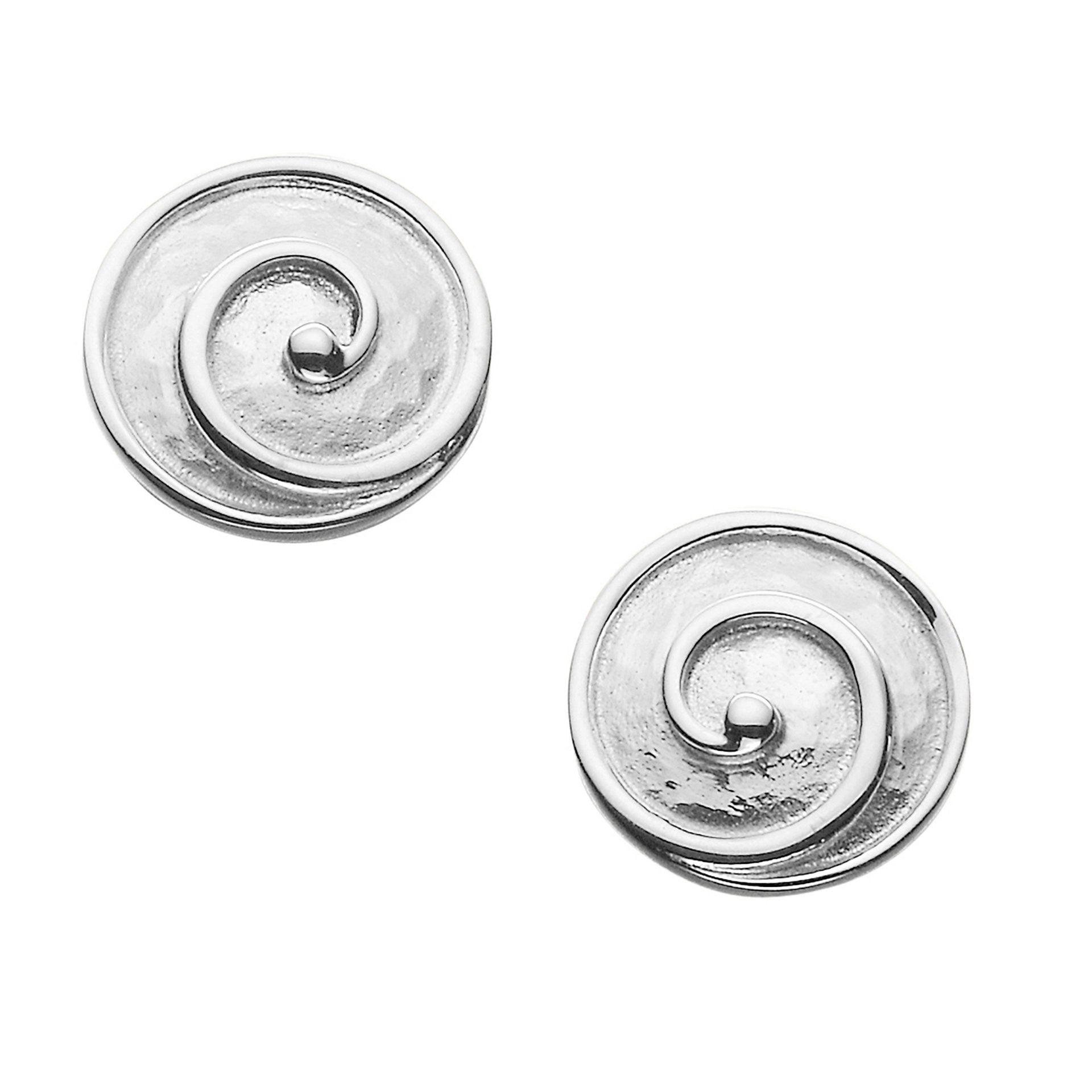 A pair of silver stud earrings with a modern design, part of the Kells Round Collection.