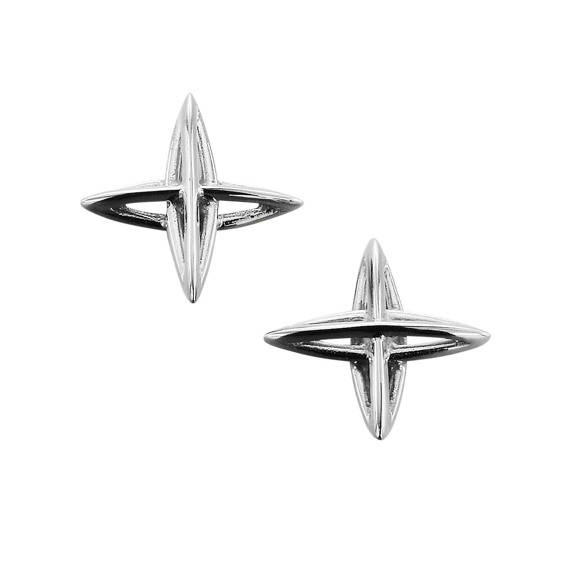 A pair of silver stud earrings with a contemporary cross design from the North Star Collection