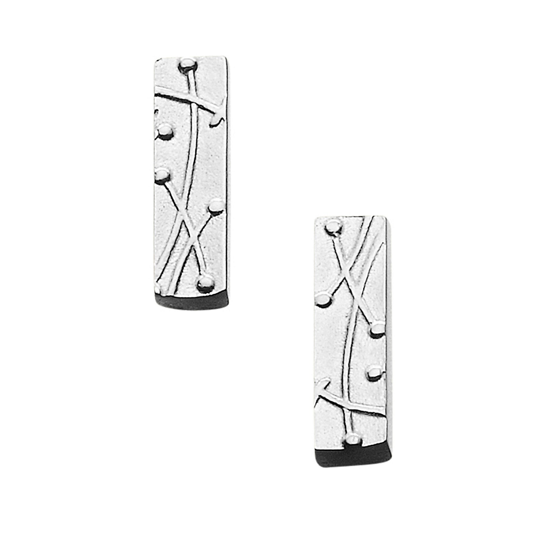 A pair of long silver earrings with a modern curved line and dot design