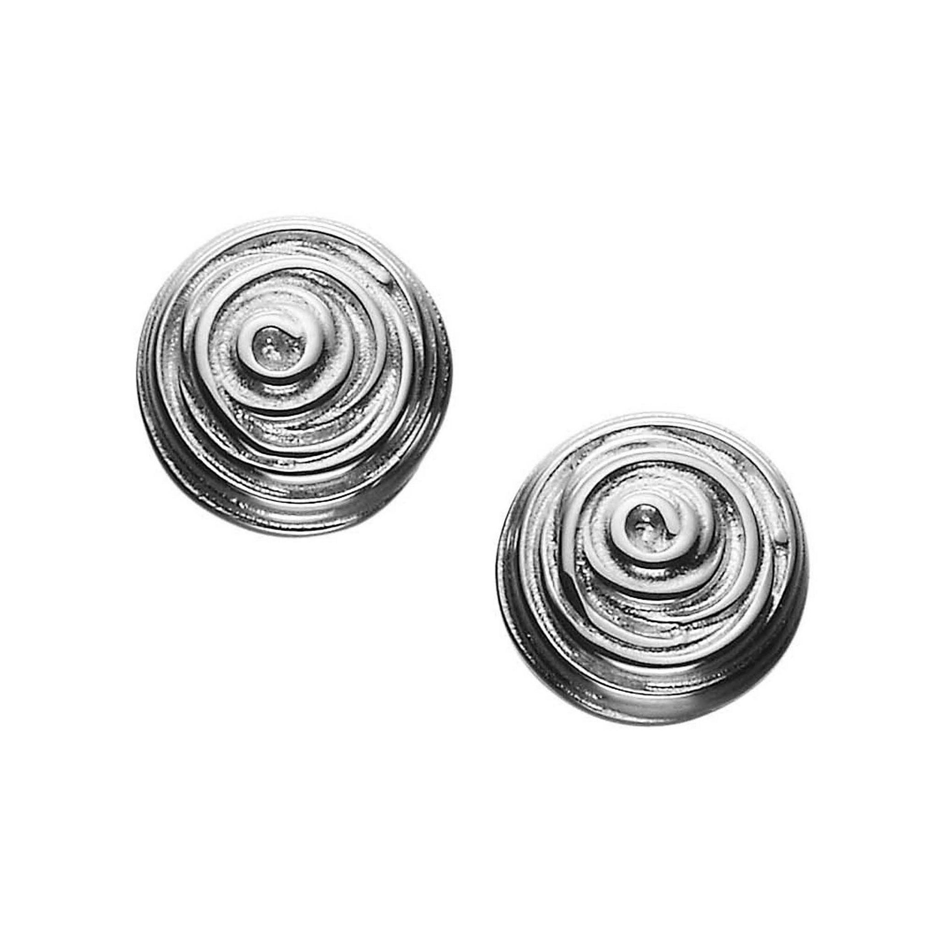 A pair of silver stud earrings with a spiral design 