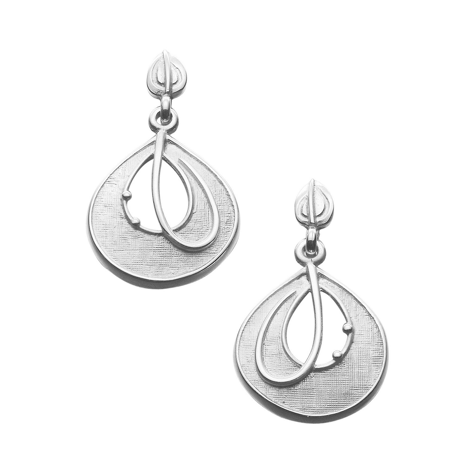 A pair of silver drop earrings with a curved line design
