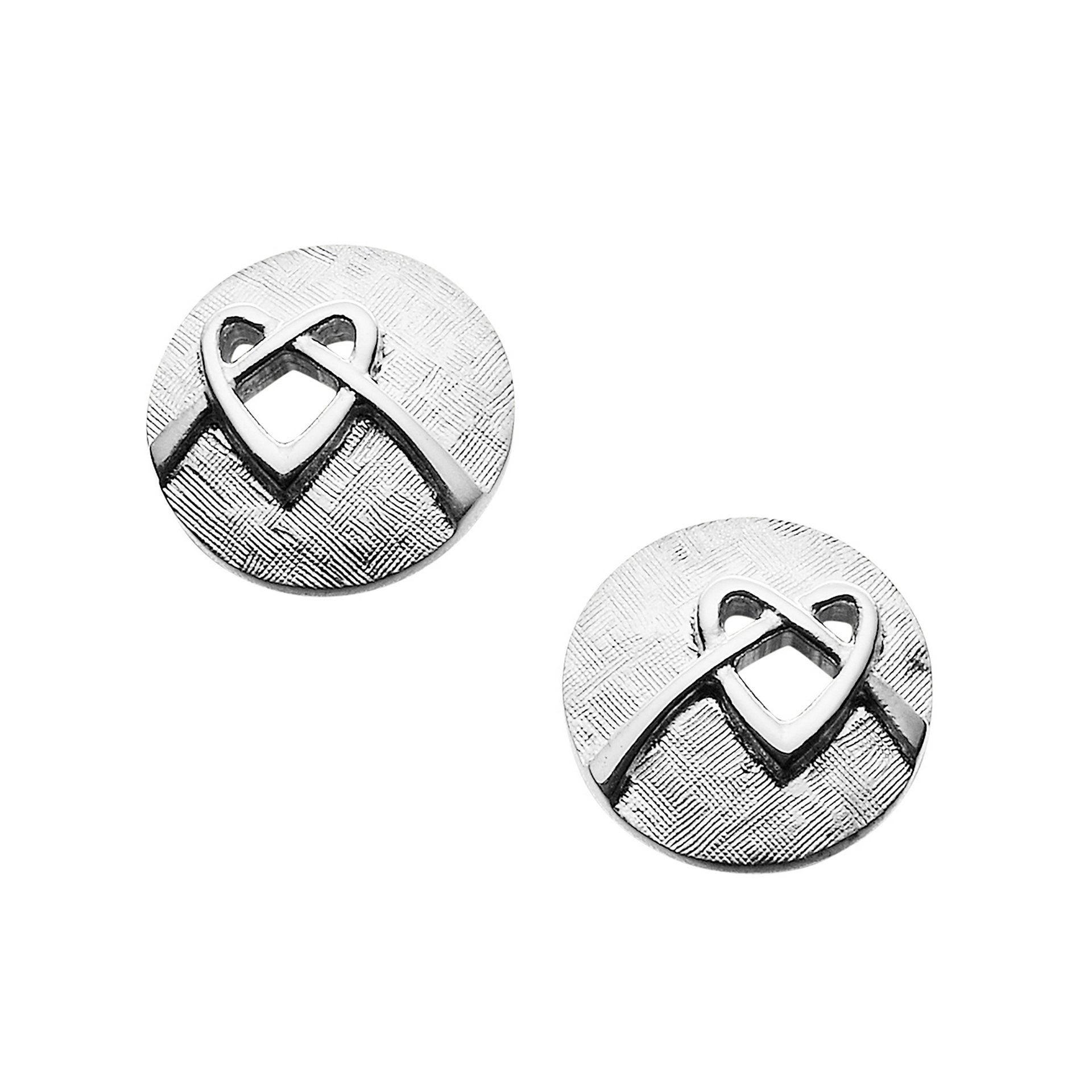 A pair of circular silver stud earrings with a knotted heart design 