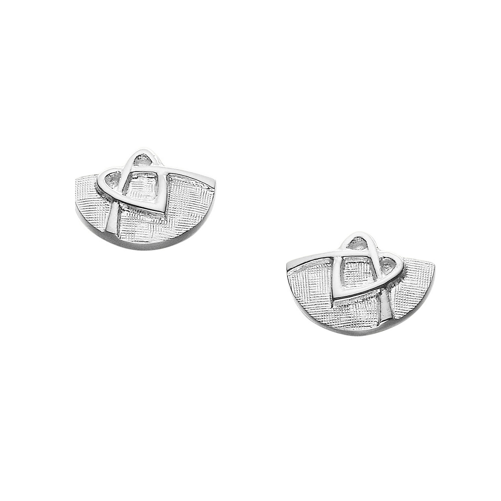 A pair of silver stud earrings with a knotted heart design 