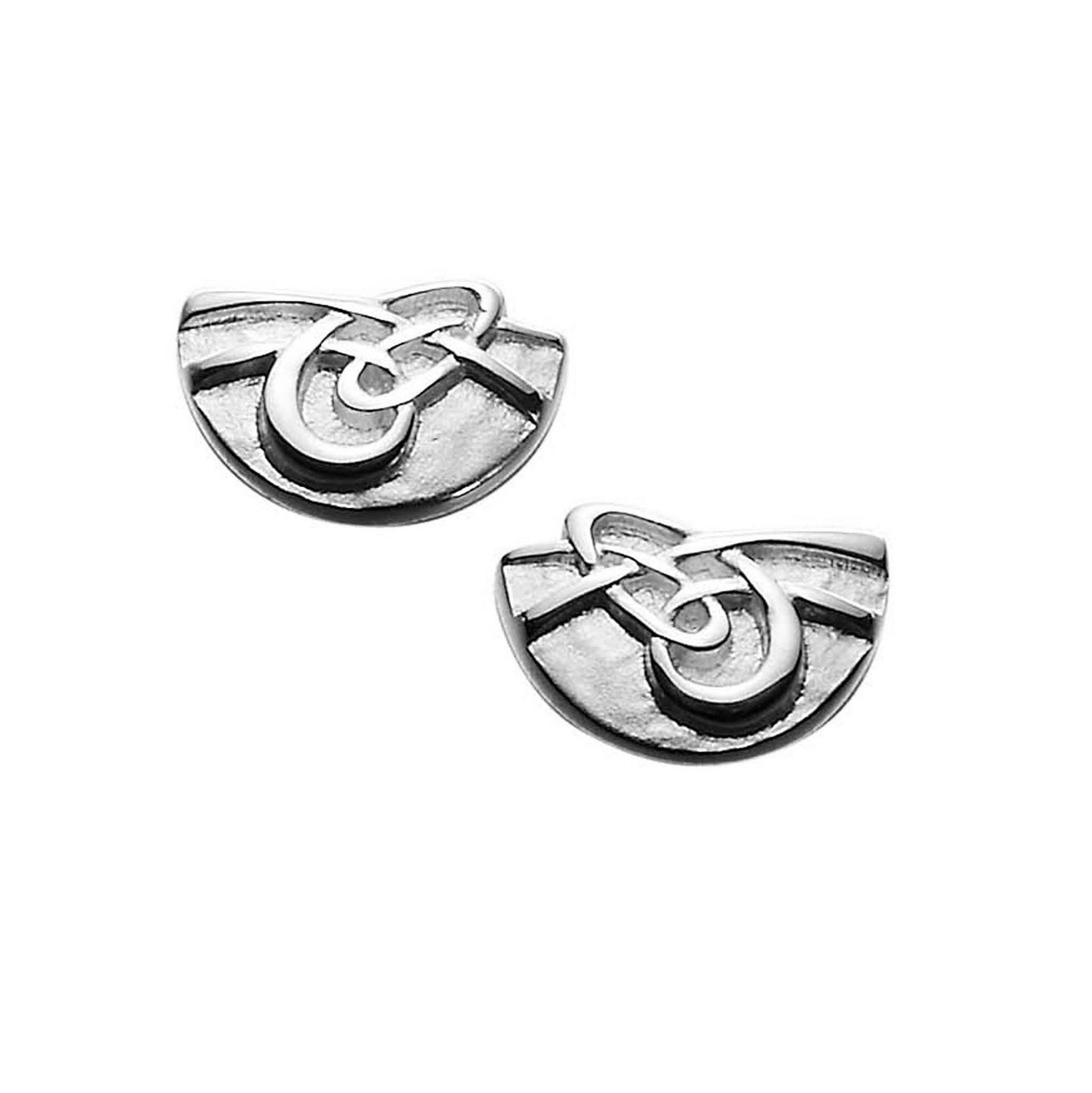 A pair of silver stud earrings with a modern design, part of the Aikerness Collection.
