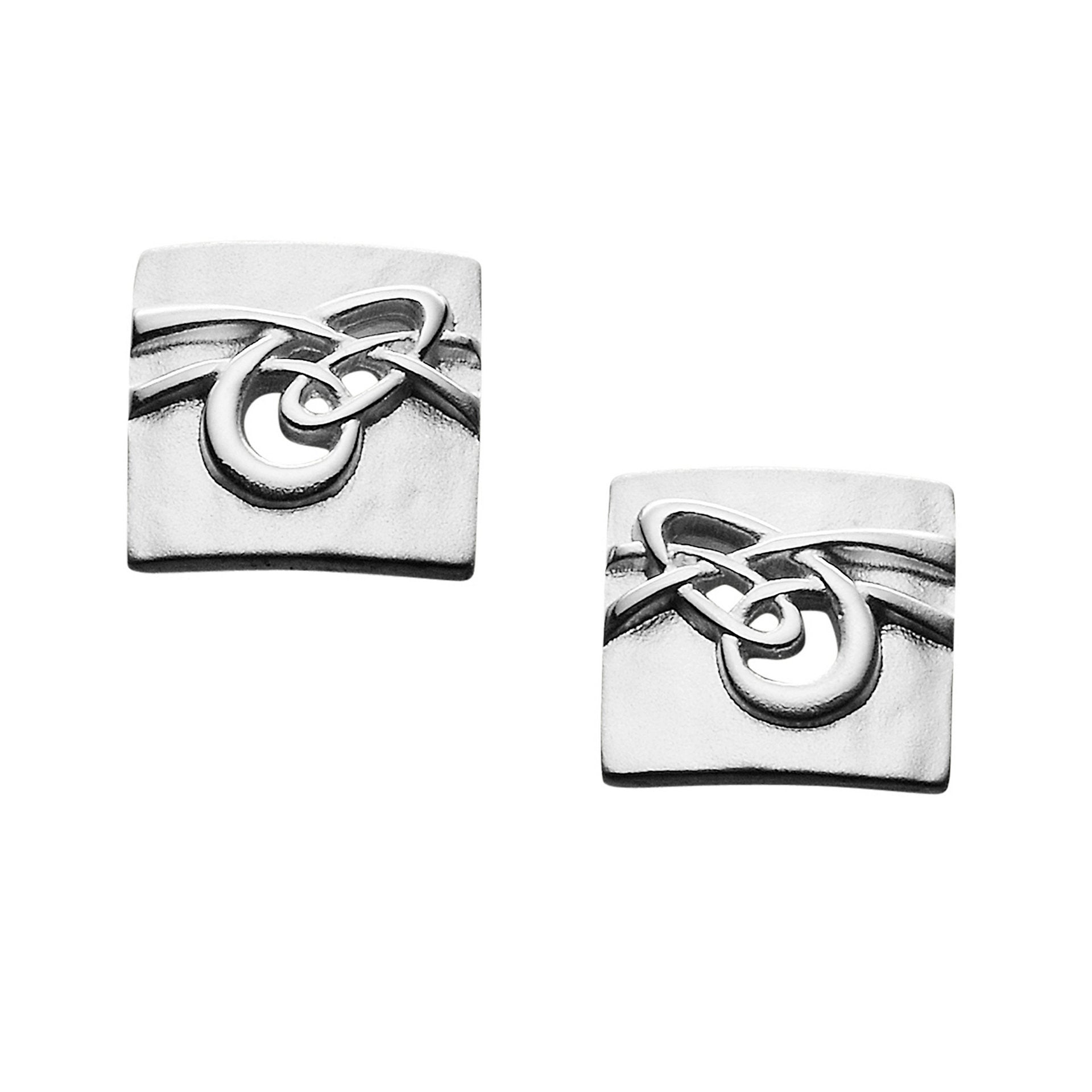 A pair of square silver stud earrings with a modern design, part of the Aikerness Collection.
