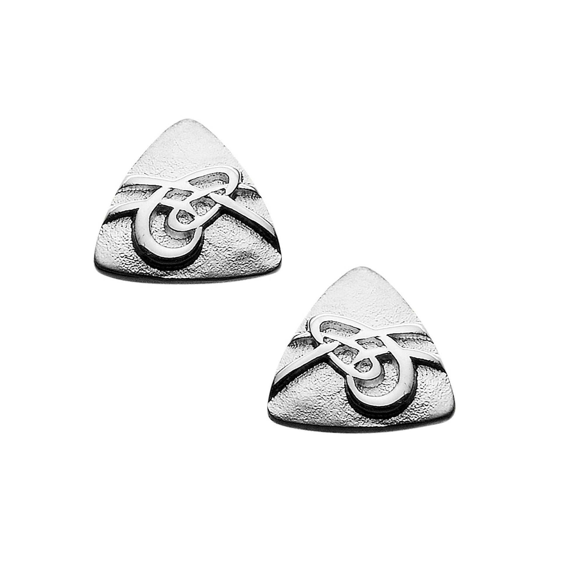 A pair of silver stud earrings with a modern design, part of the Aikerness Collection.