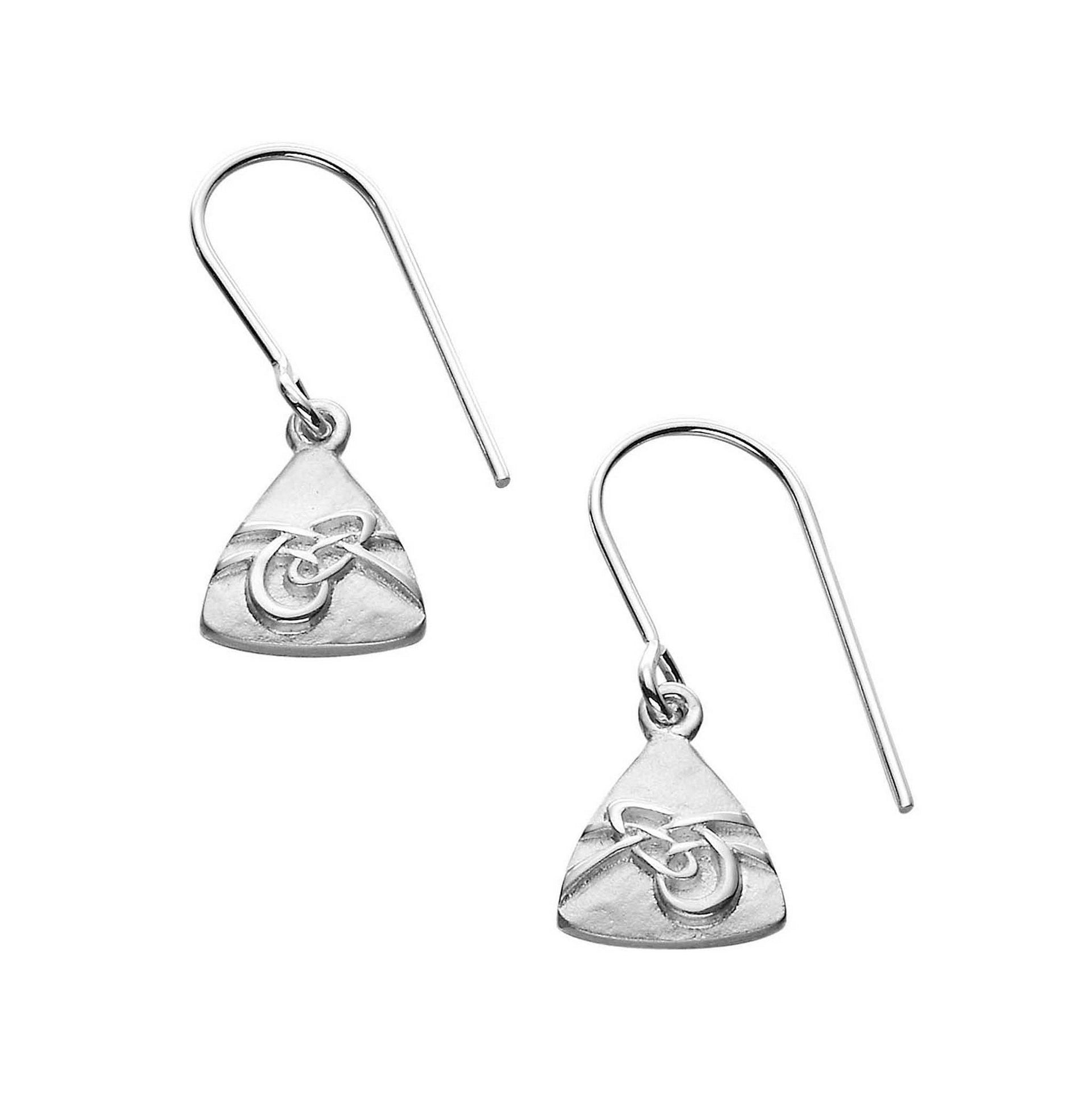 A pair of silver drop earrings with a modern design, part of the Aikerness Collection.