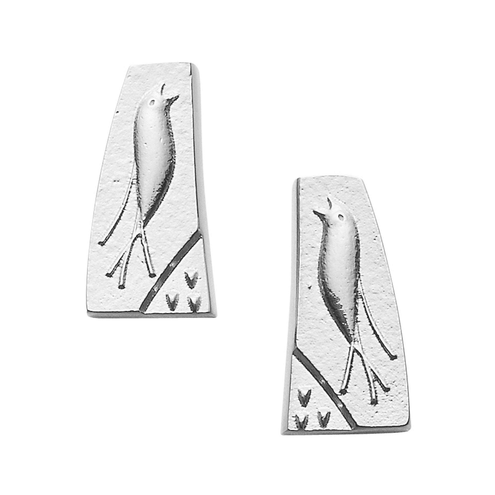 A pair of silver stud earrings with a bird design from the Meadowlark Collection