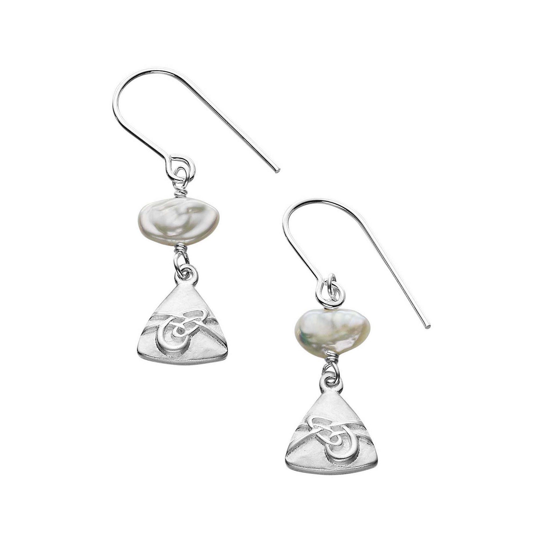 A pair of silver and pearl drop earrings with a modern design, part of the Aikerness Collection.
