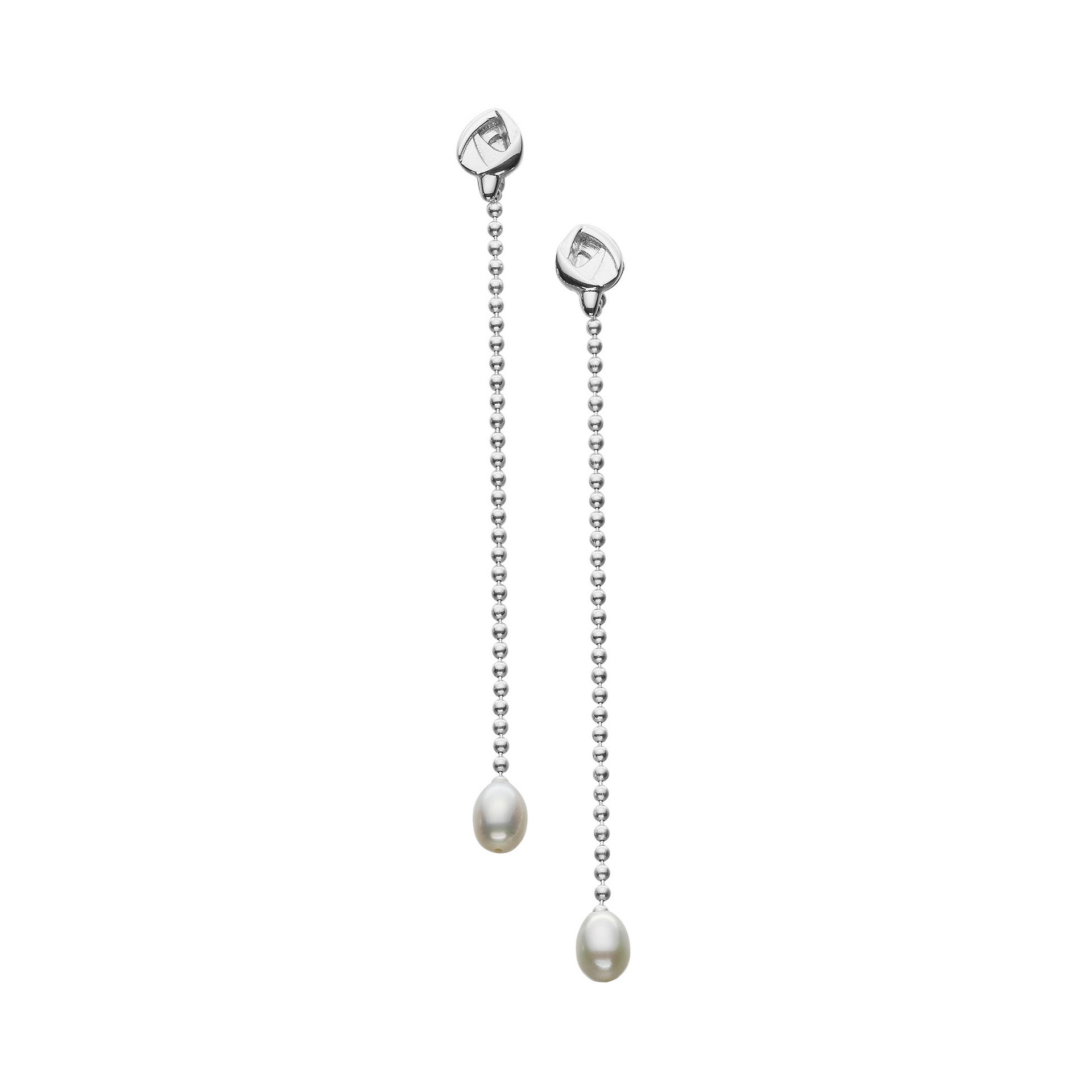A pair of white pearl drop earrings with a silver chain design.