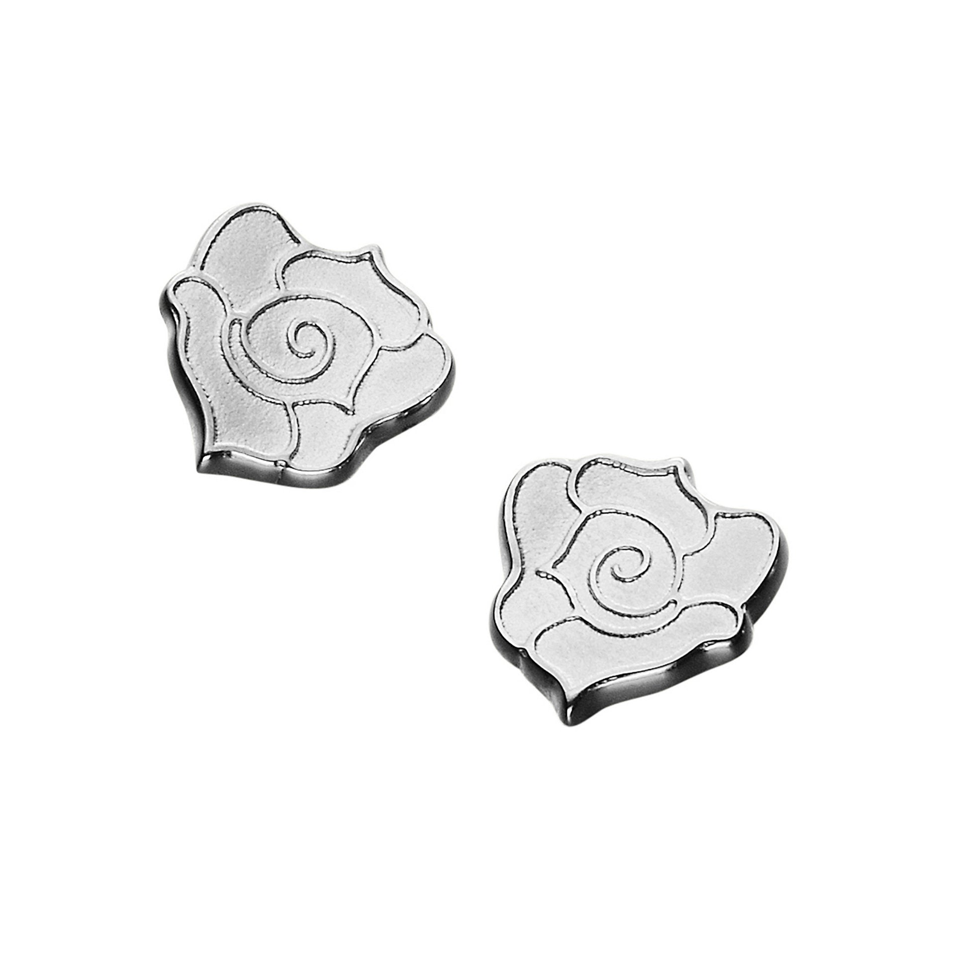 A pair of silver stud earrings with a Rose design