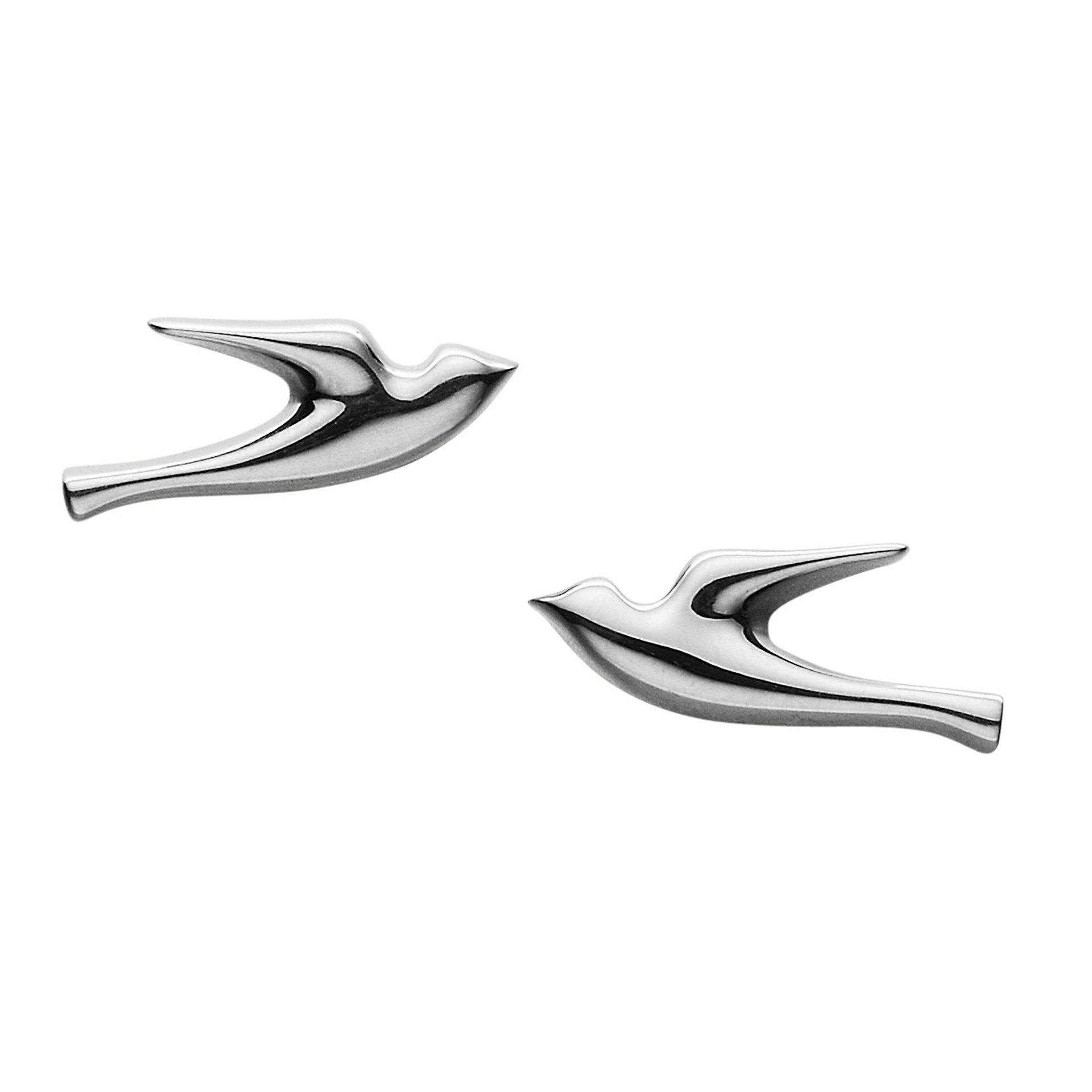 A pair of silver stud earrings with a modern design, part of the Birdland Collection.