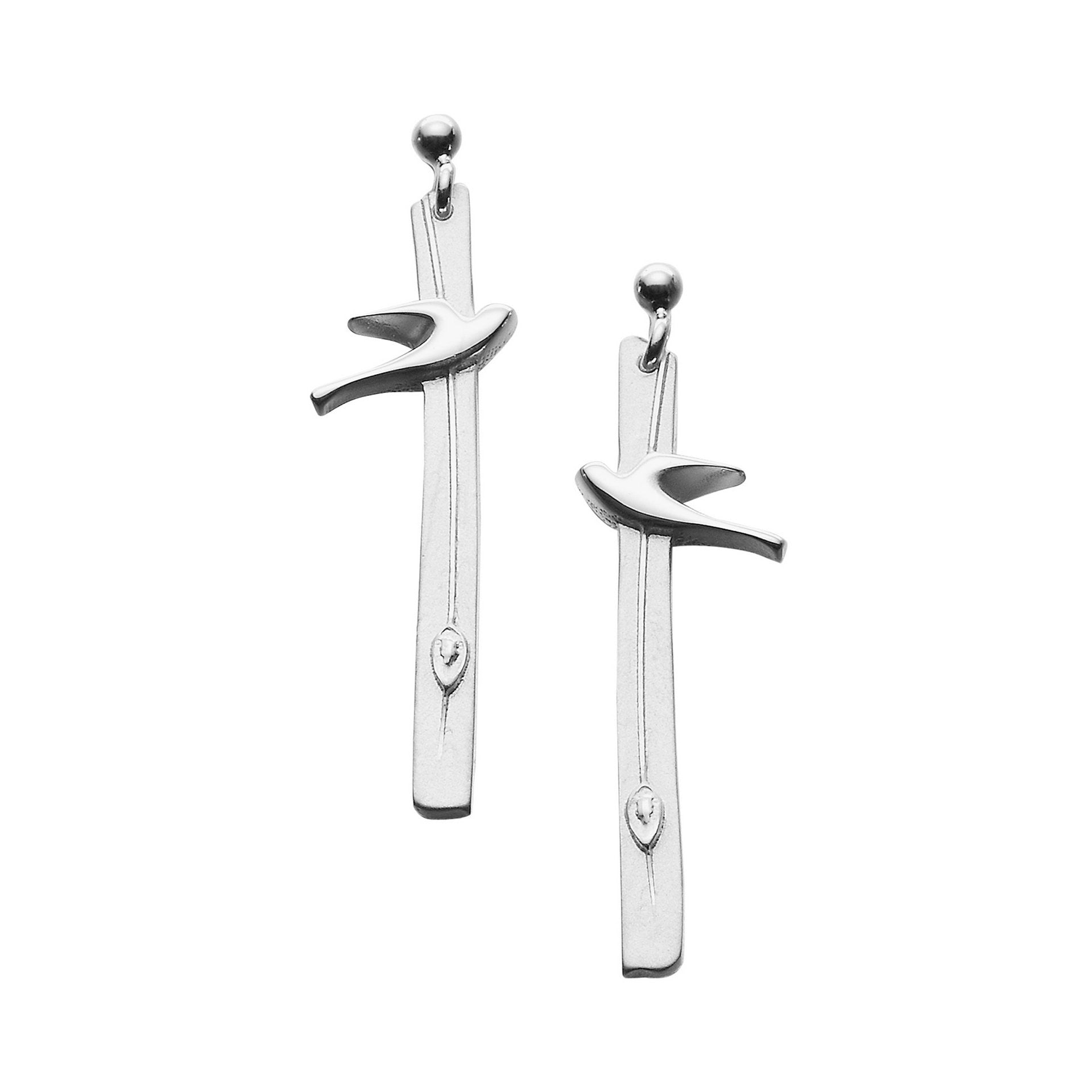 A pair of silver drop earrings with a modern design, part of the Birdland Collection.