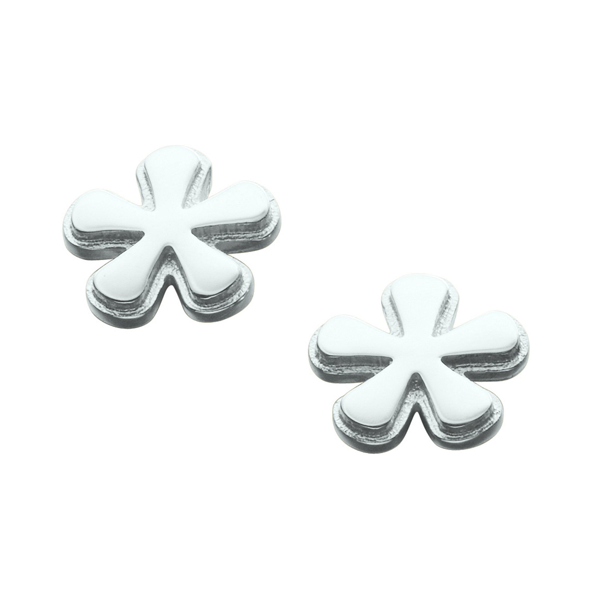 A pair of silver stud earrings with a petal-like pattern from the Petal Fall Collection