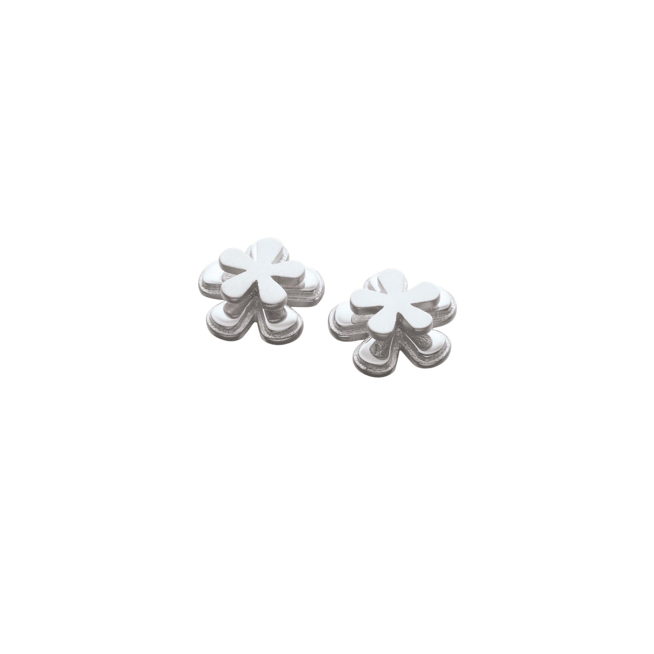 A pair of silver stud earrings with a petal design stacked on top of another petal 