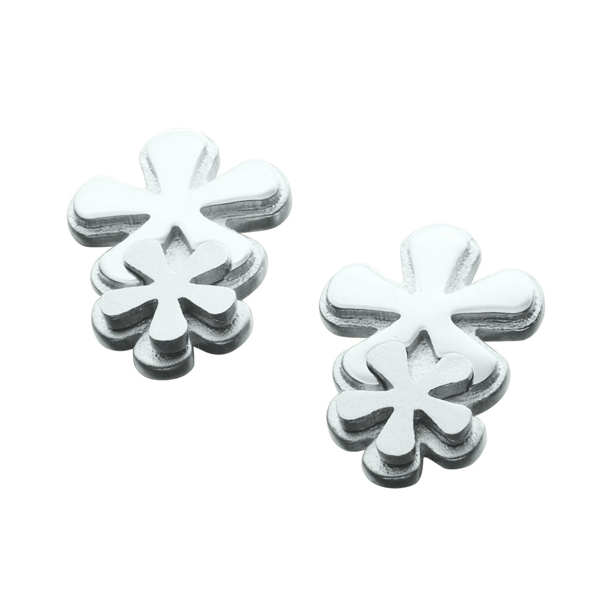 A pair of silver stud earrings featuring a stylised floral design with a petal-like pattern from the Petal Fall Collection