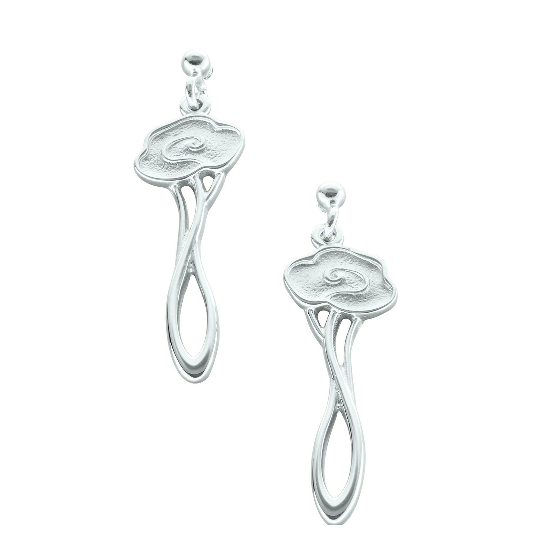 A pair of silver drop earrings with a flower design from the Happy Valley Collection