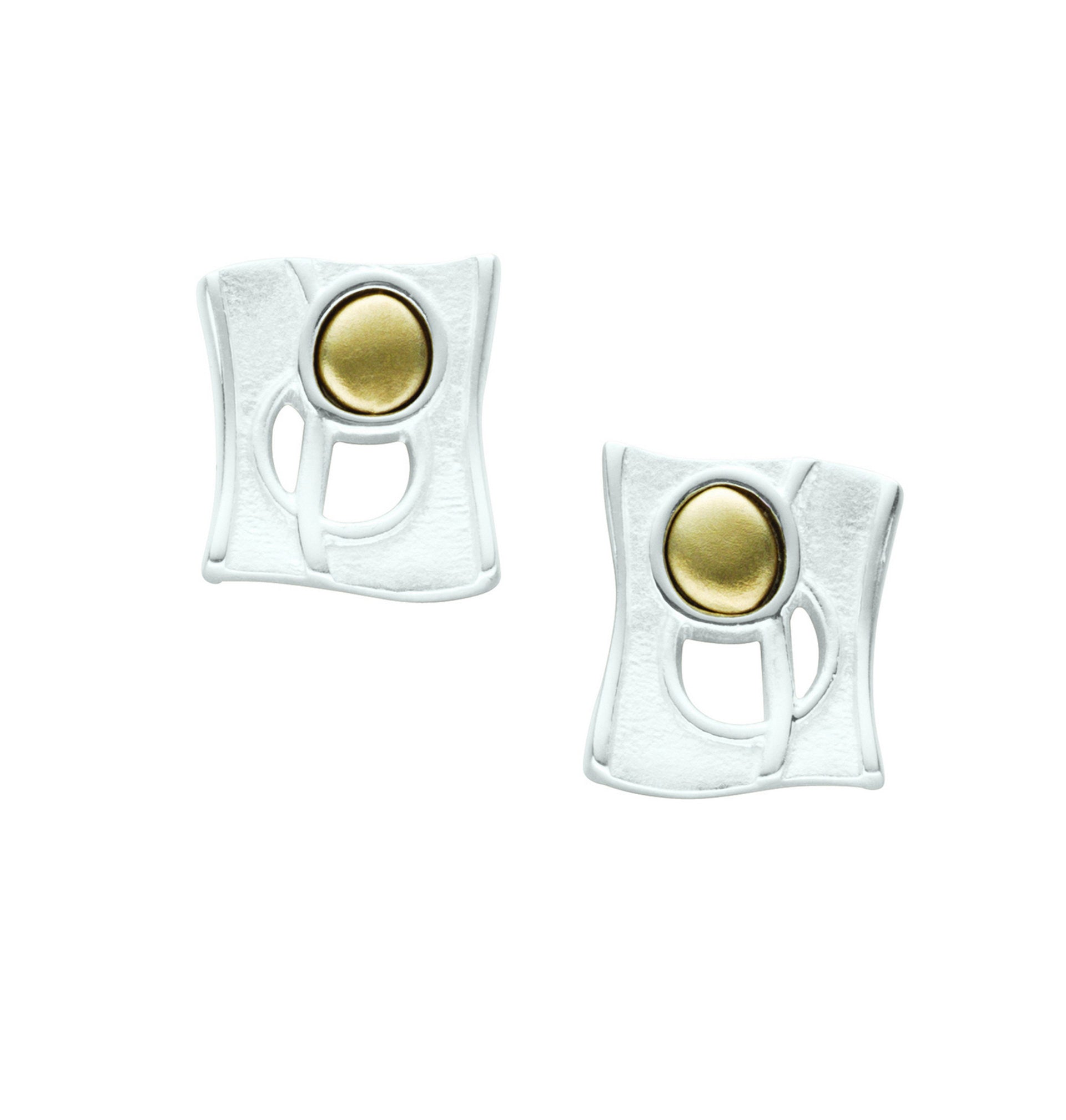 A pair of gold and silver stud earrings from the Flow collection