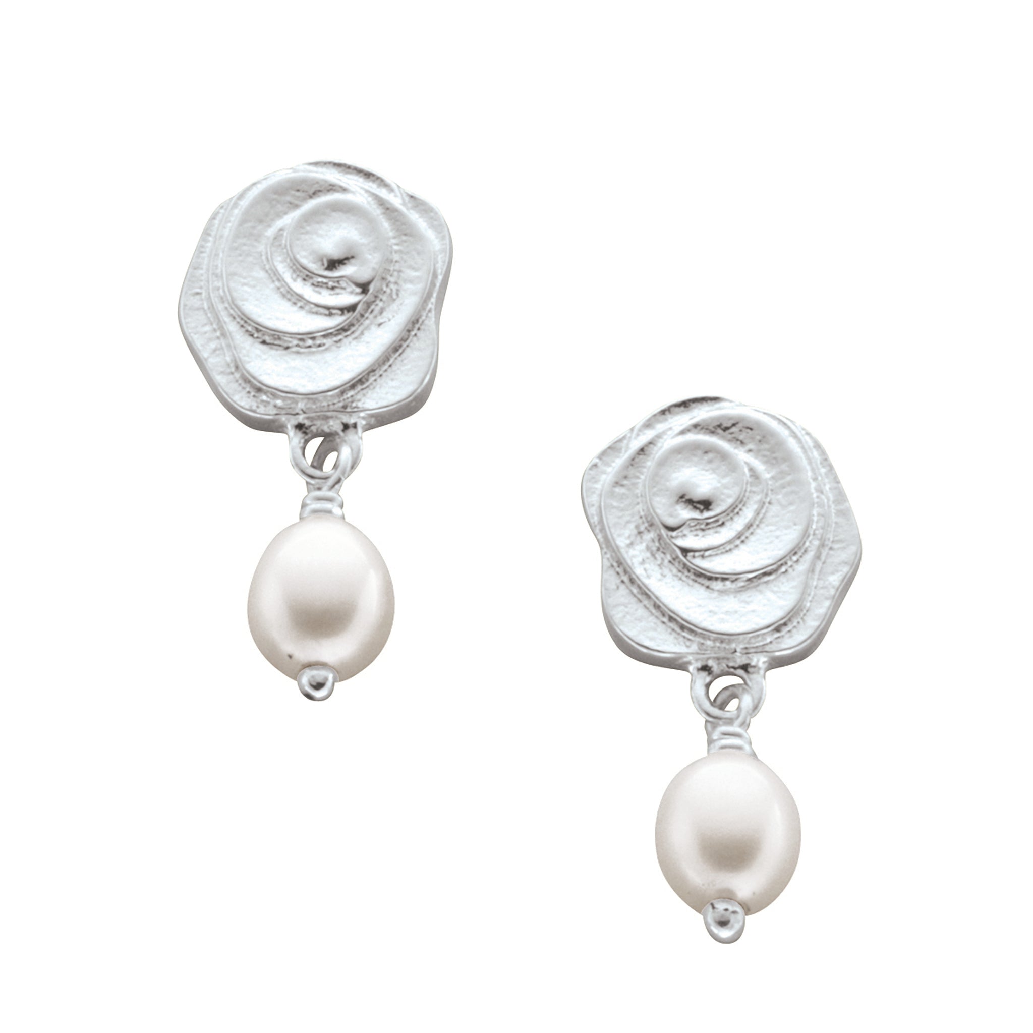 A pair of silver earrings featuring a rosebud design with a white pearl centerpiece, attached to silver hooks.