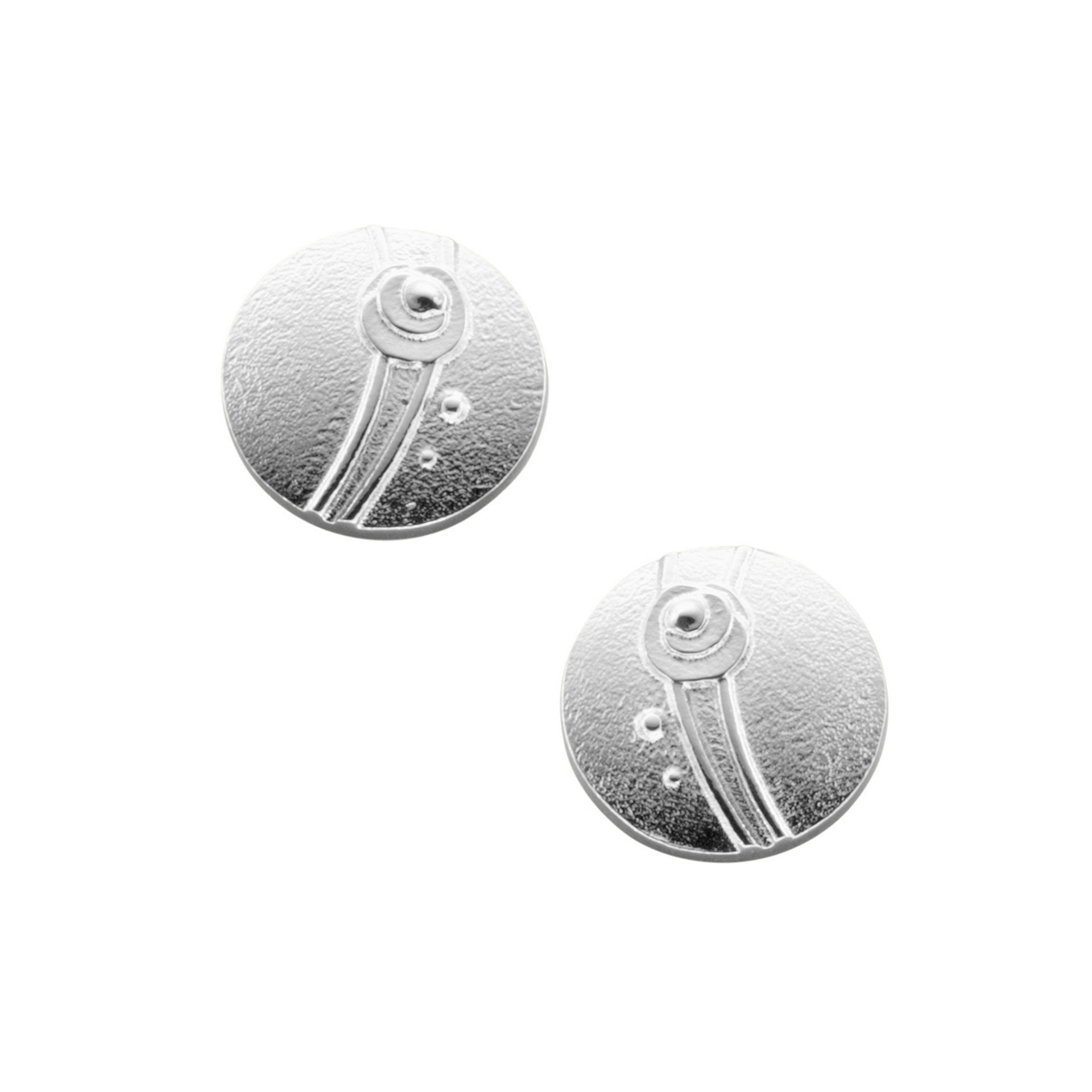 A pair of silver circular stud earrings with a modern design 