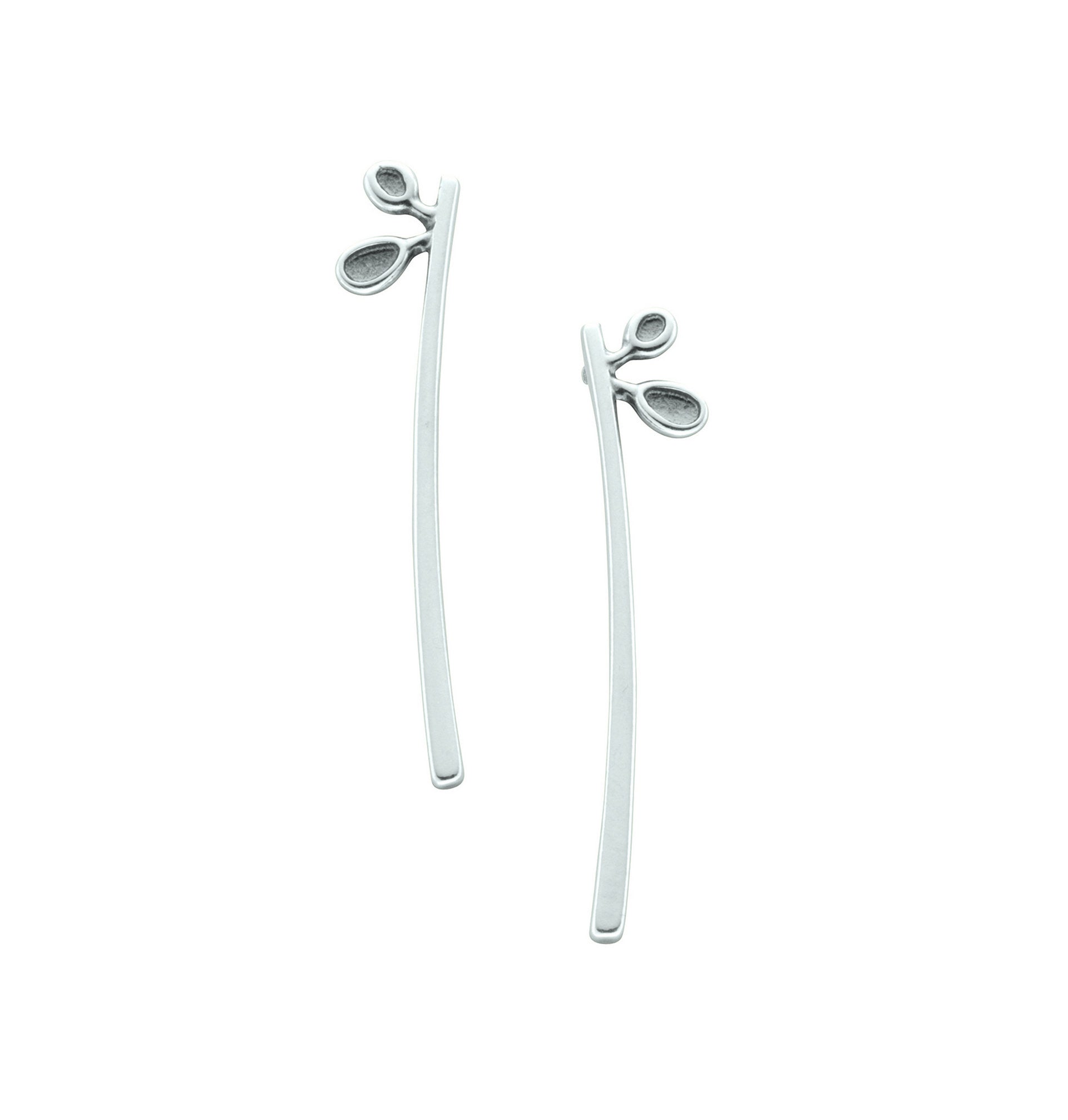 A pair of silver long stud earrings with a geometric design, named Cloudberry.