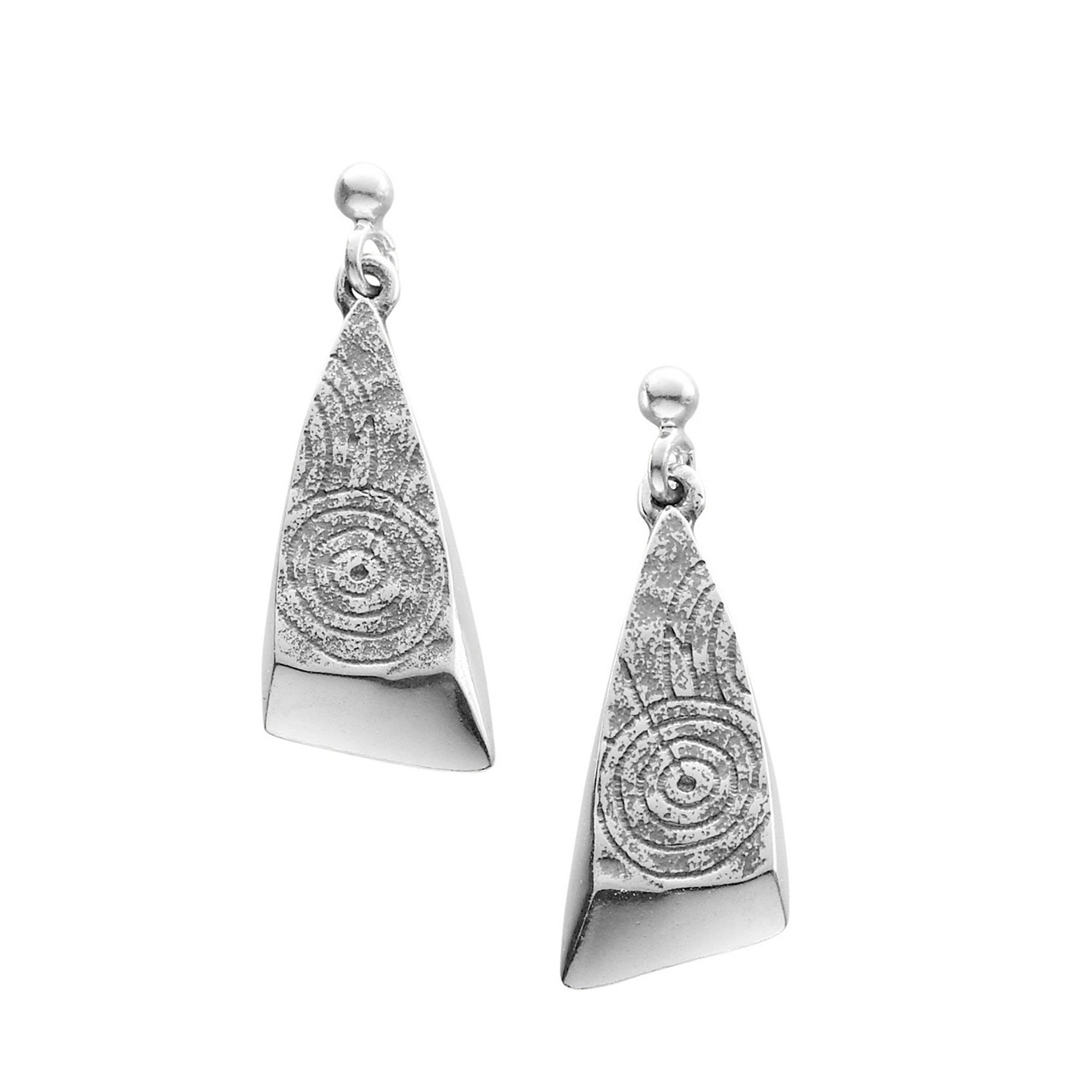 A pair of small triangular silver drop earrings with a geometric design from the Kilmartin Collection