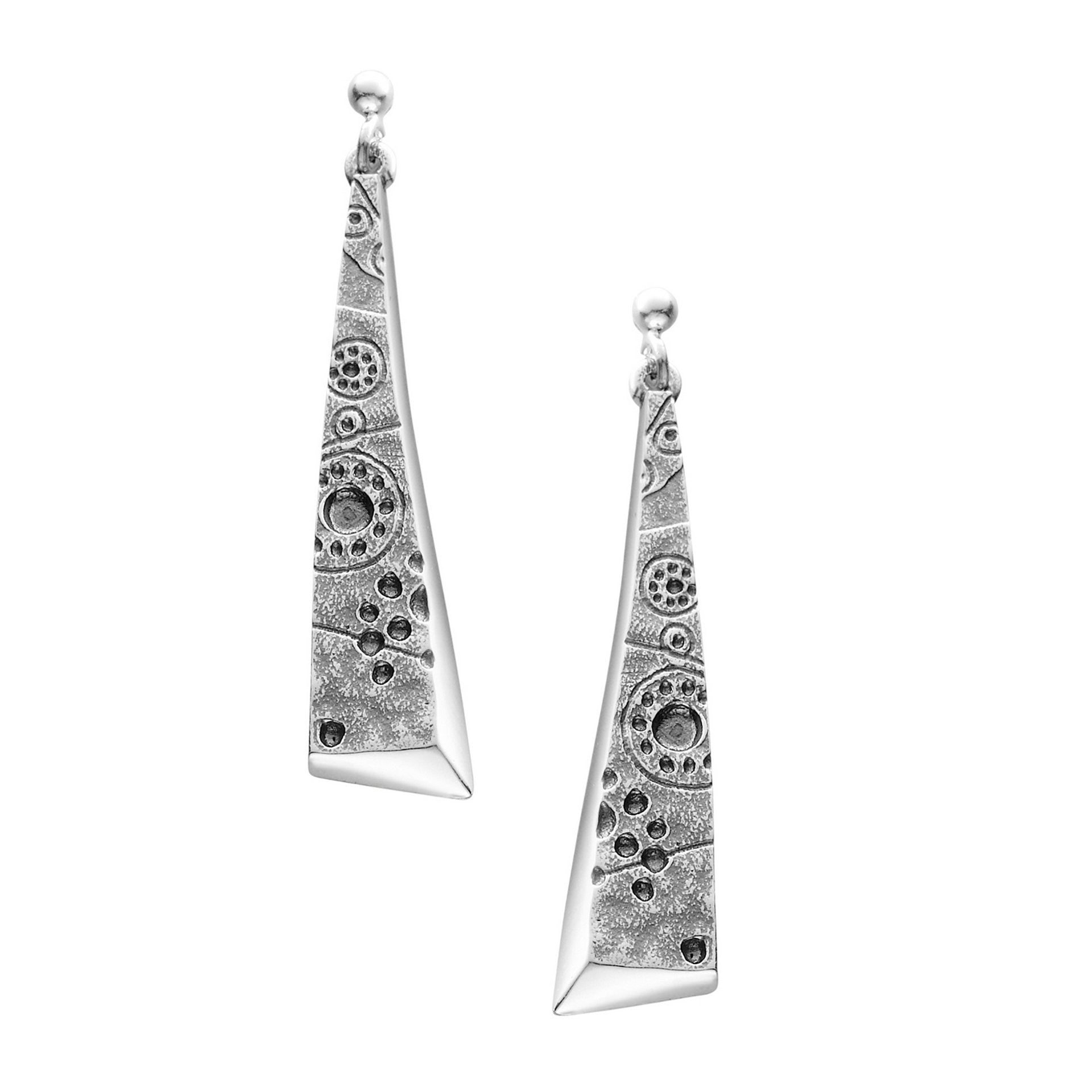A pair of long silver drop earrings with a geometric design from the Kilmartin Collection