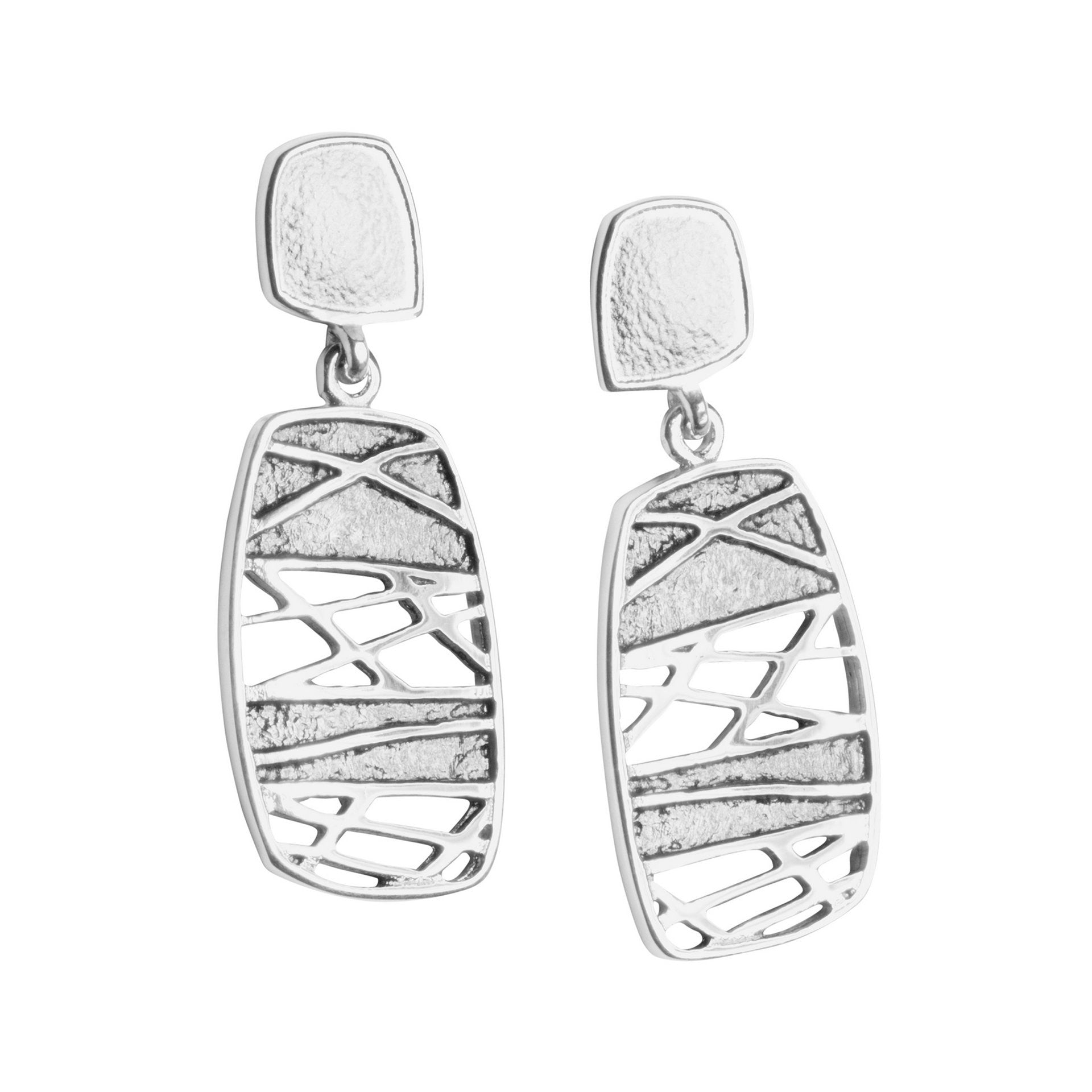 A pair of silver drop earrings featuring a geometric pattern, inspired by Norse and Celtic designs.