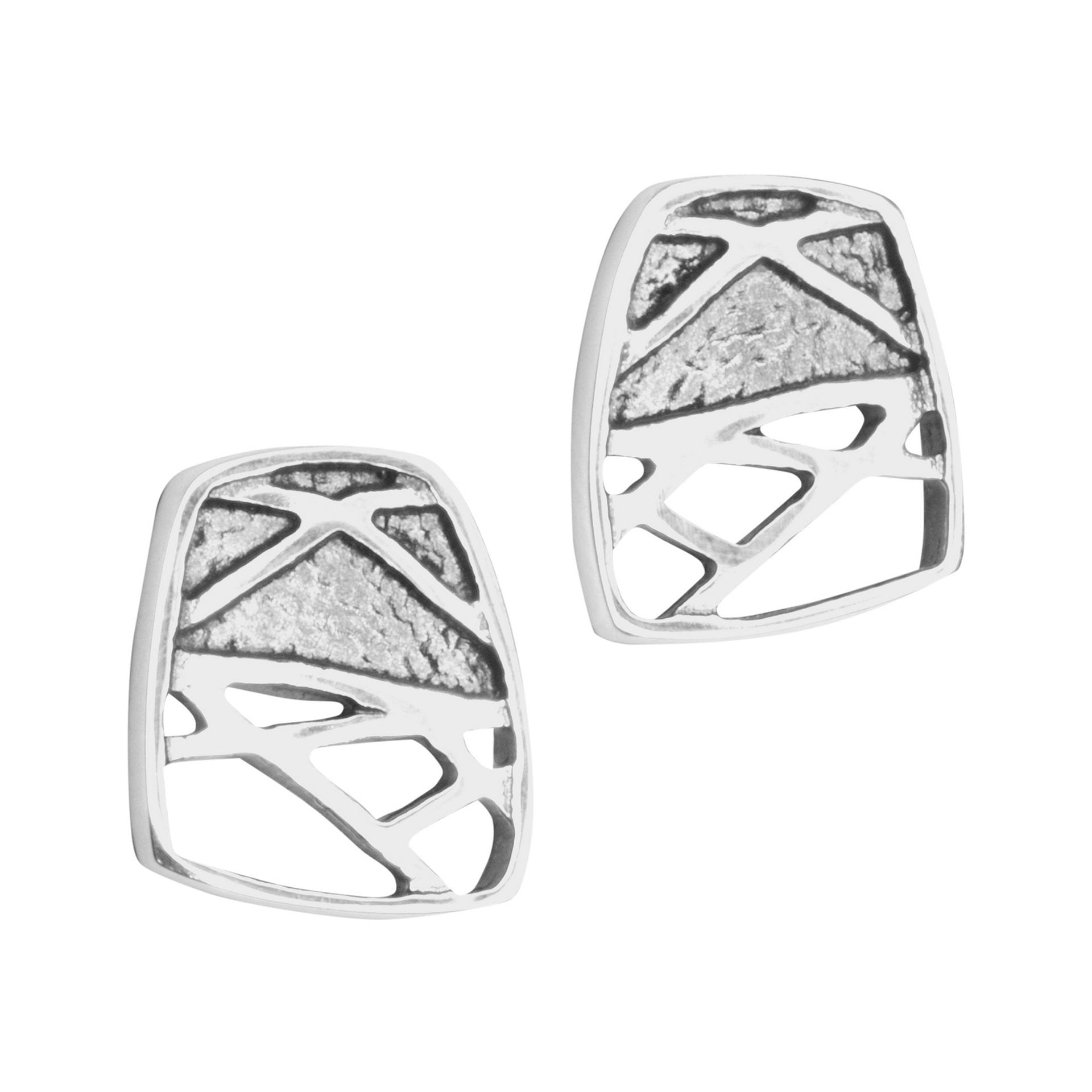 A pair of silver stud earrings featuring a geometric pattern, inspired by Norse and Celtic designs.