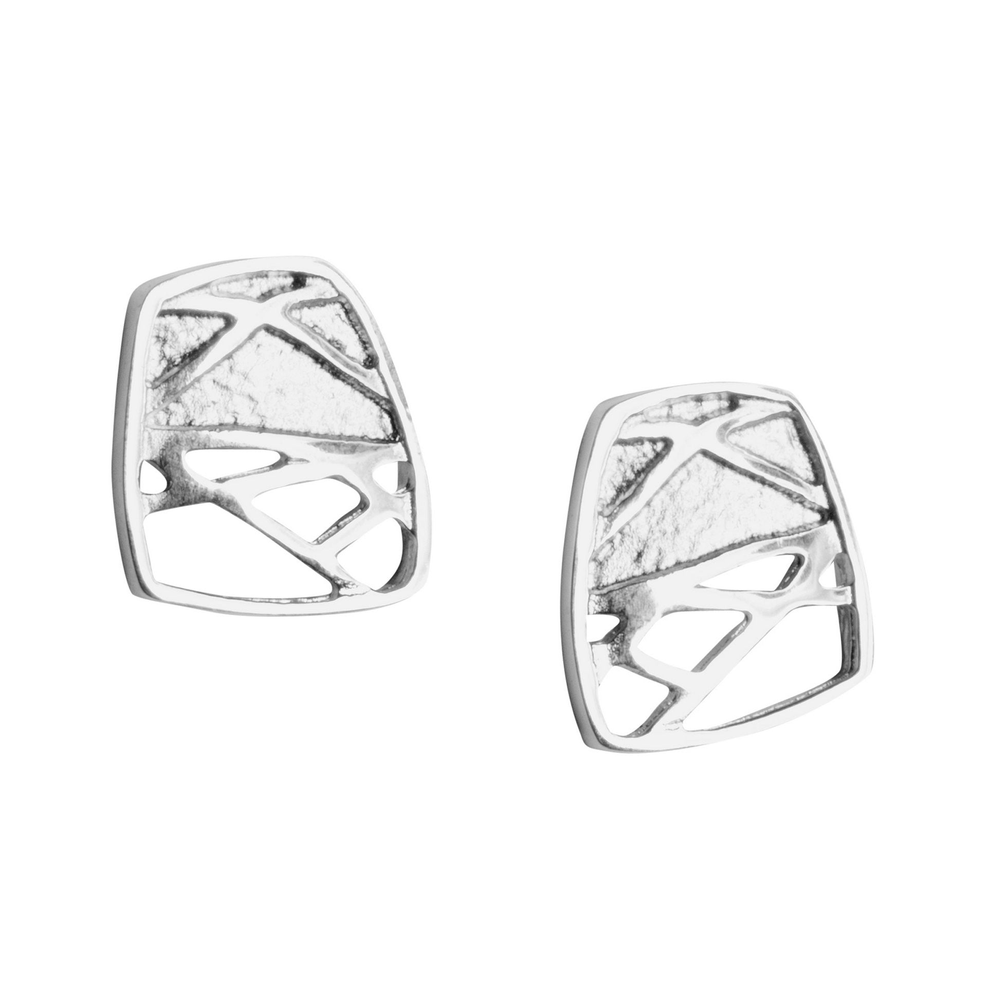 A pair of silver stud earrings featuring a geometric pattern, inspired by Norse and Celtic designs.