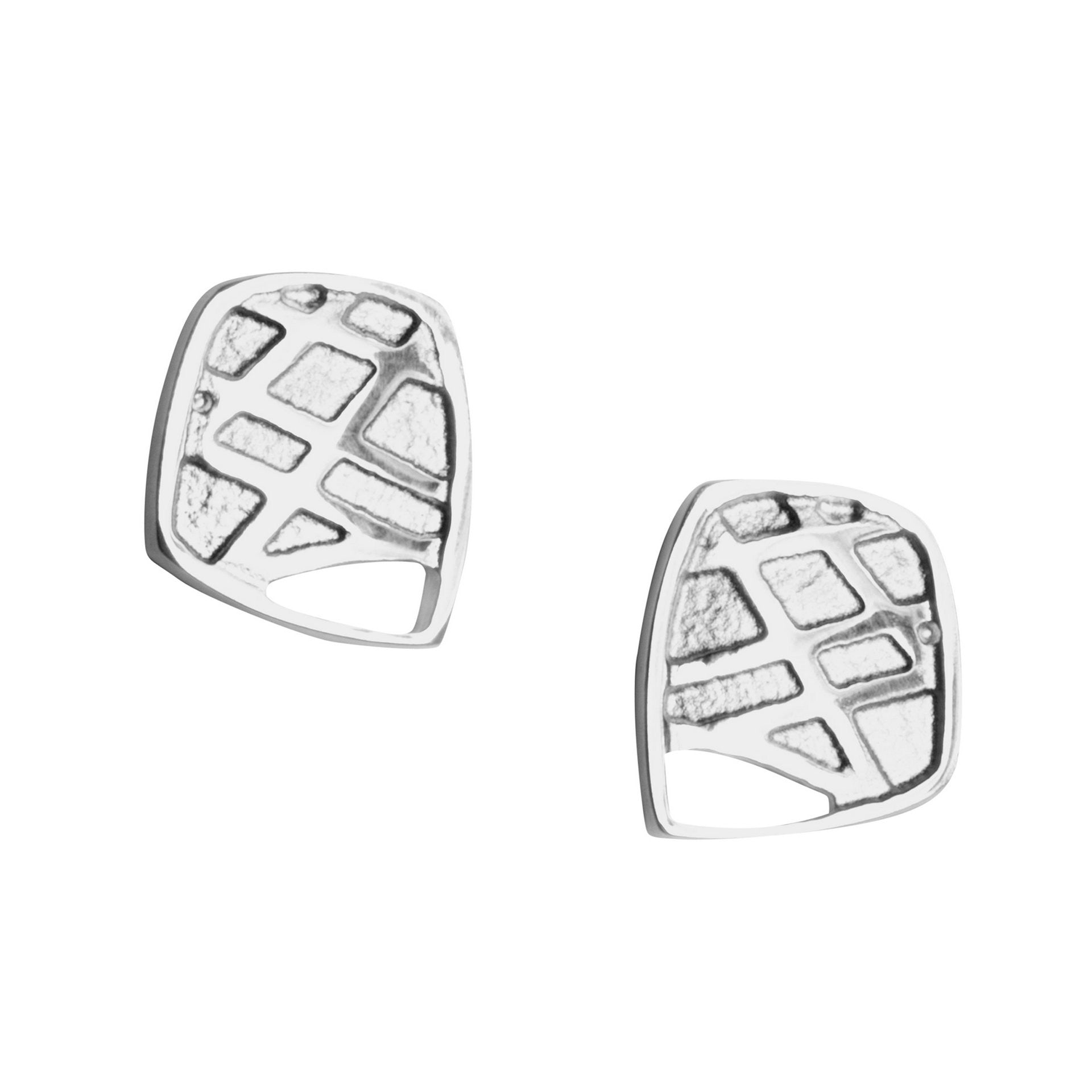 A pair of silver stud earrings featuring a geometric pattern, inspired by Norse and Celtic designs.