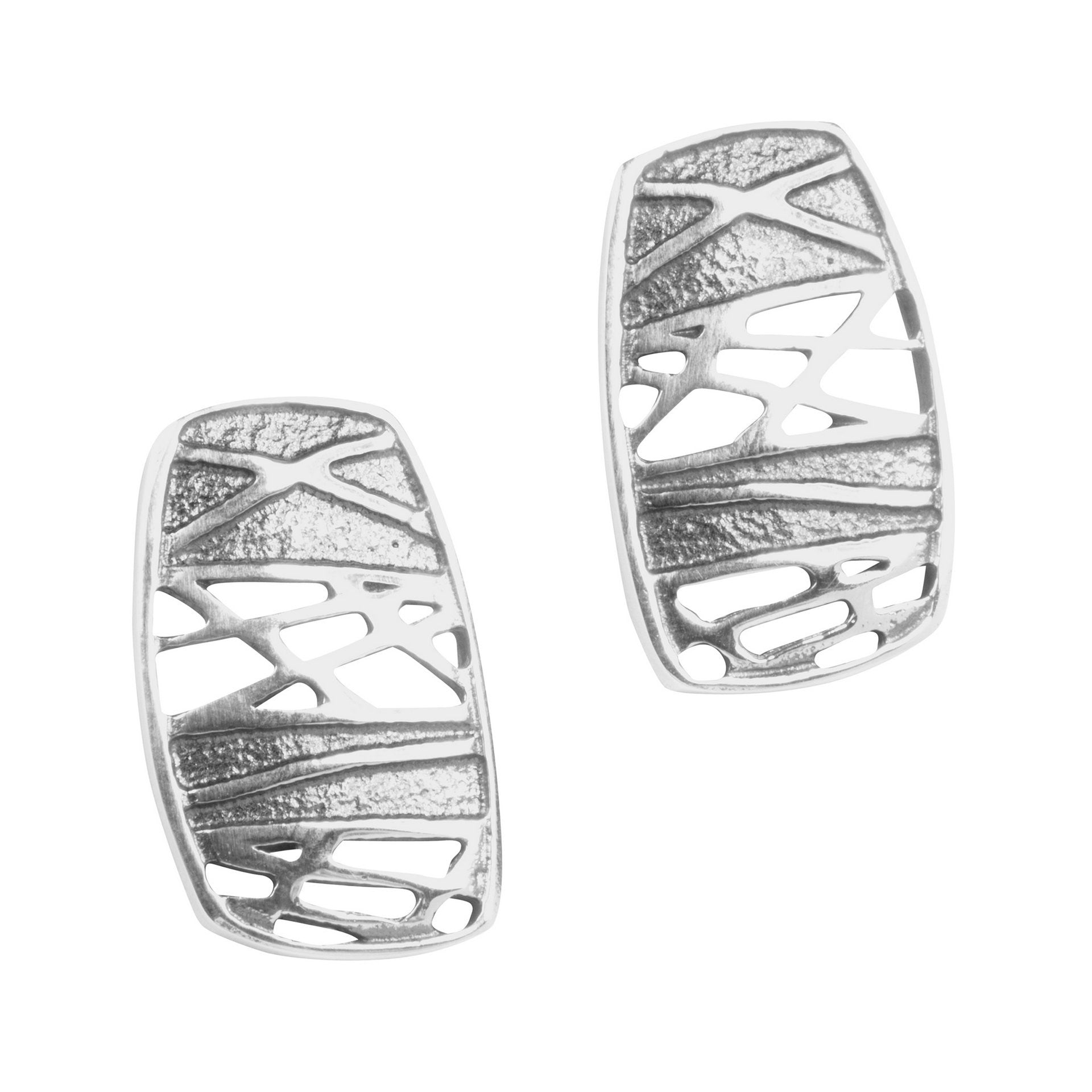 A pair of silver earrings featuring a geometric pattern inspired by Norse and Celtic designs.