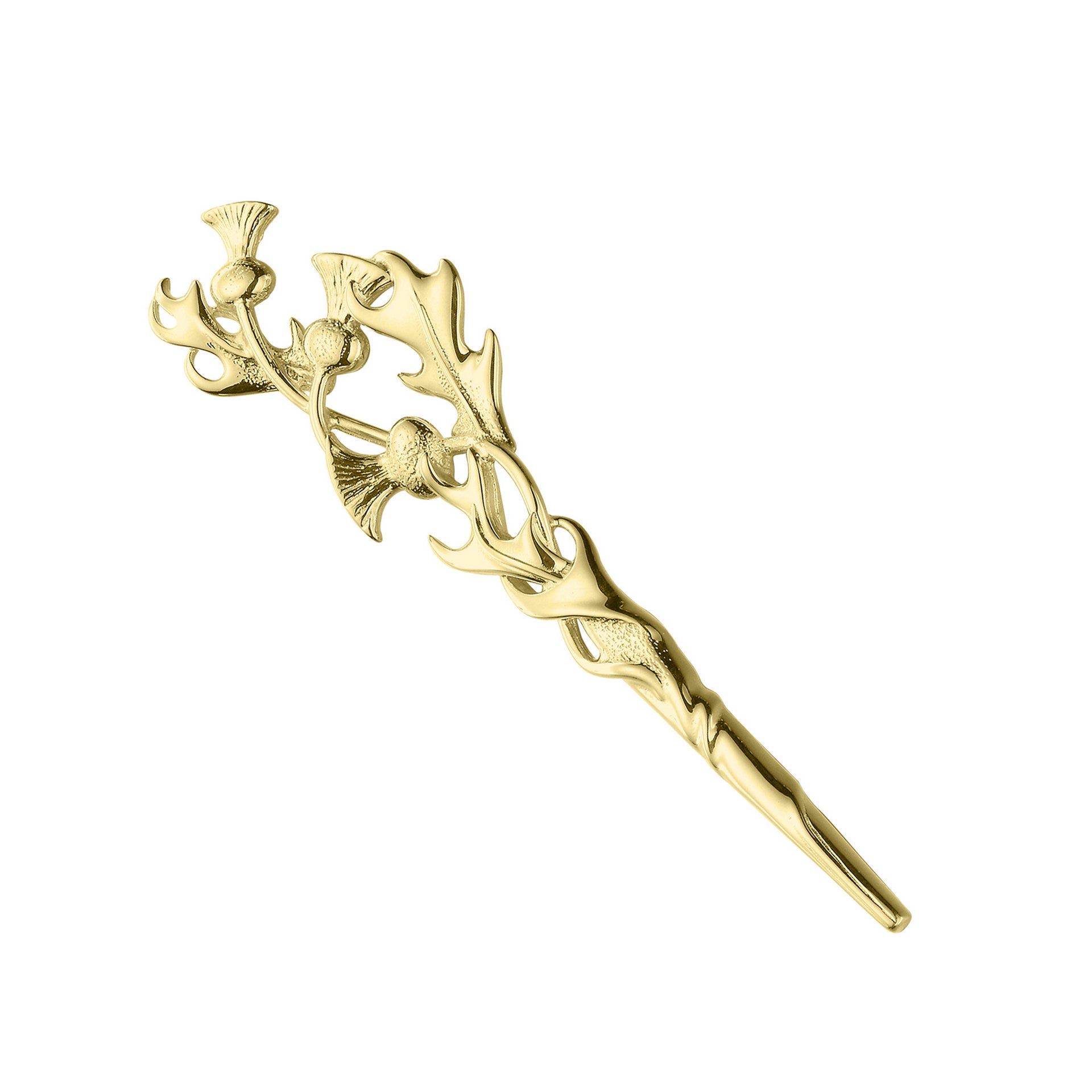 A gold kilt pin with a detailed thistle design at the top.