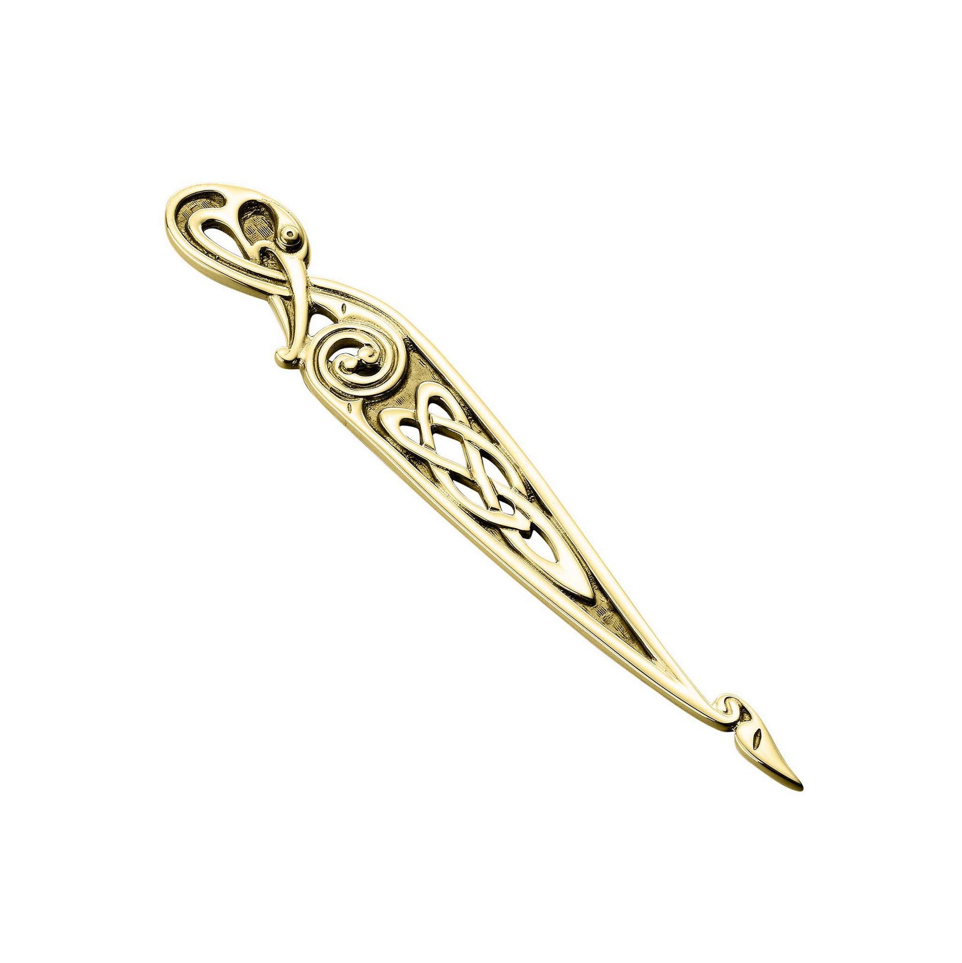 A long gold kilt pin with a Celtic design from the Kells Collection