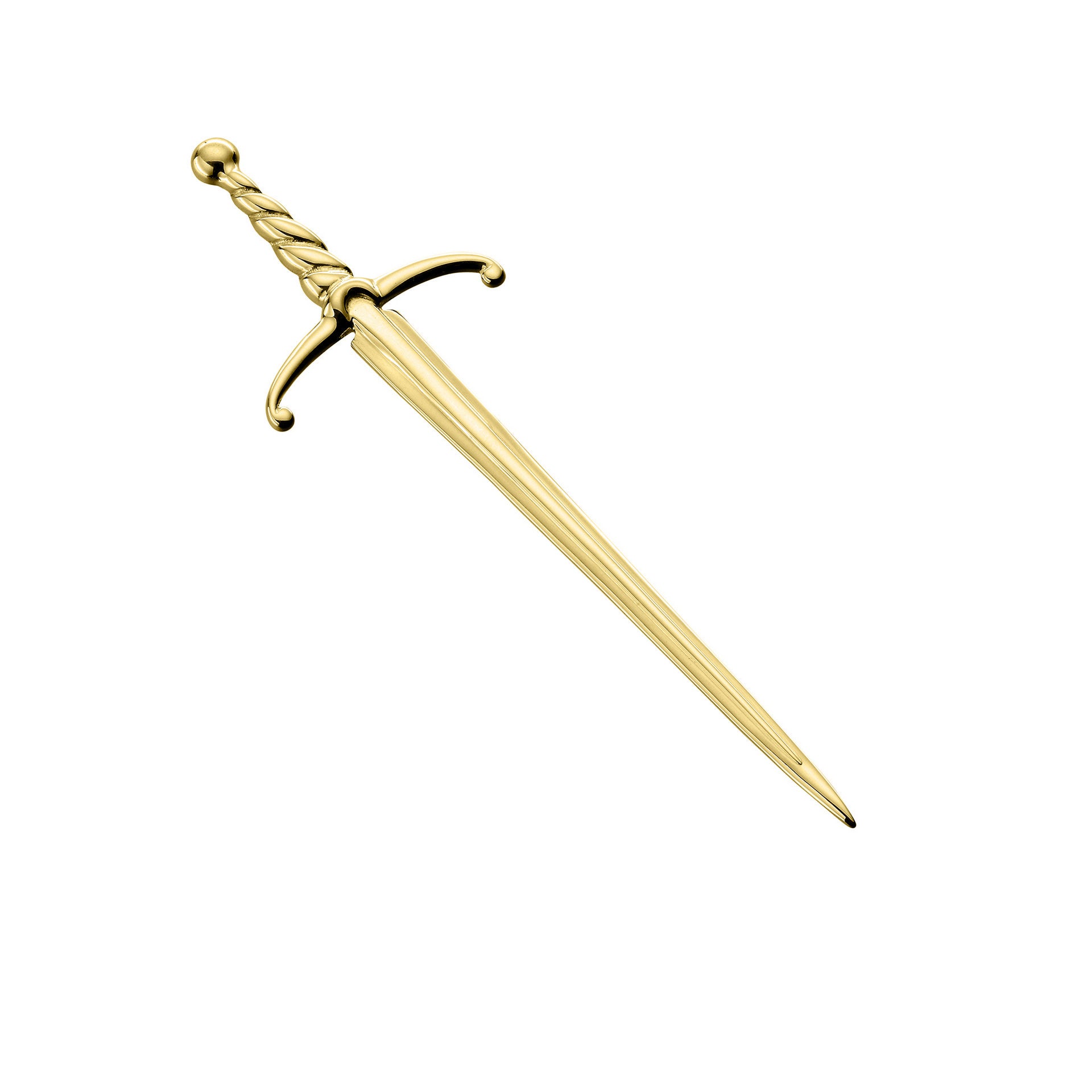 A gold kilt pin with a detailed sword design.