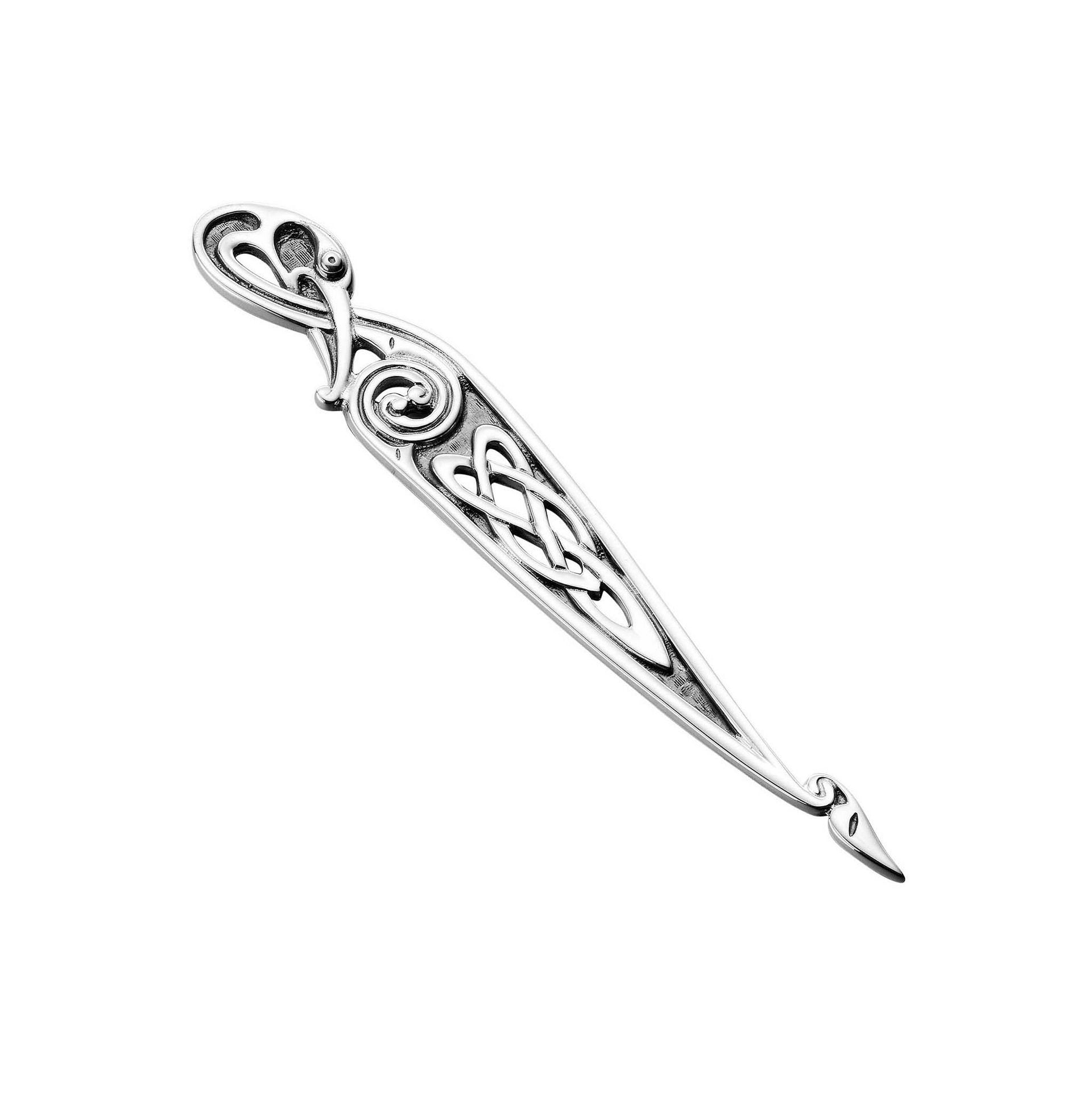 A long silver kilt pin with a Celtic design from the Kells Collection