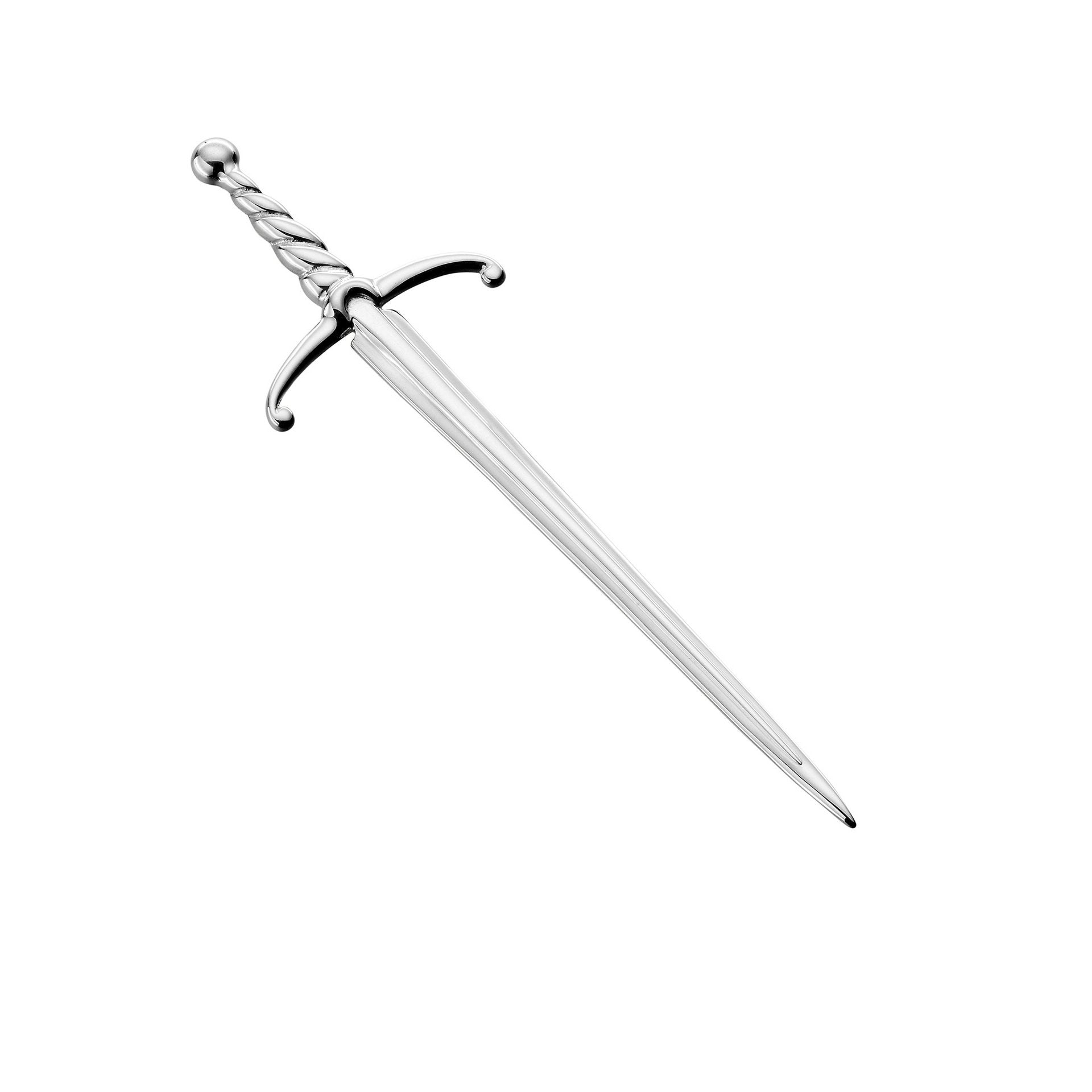 A silver kilt pin with a detailed sword design.