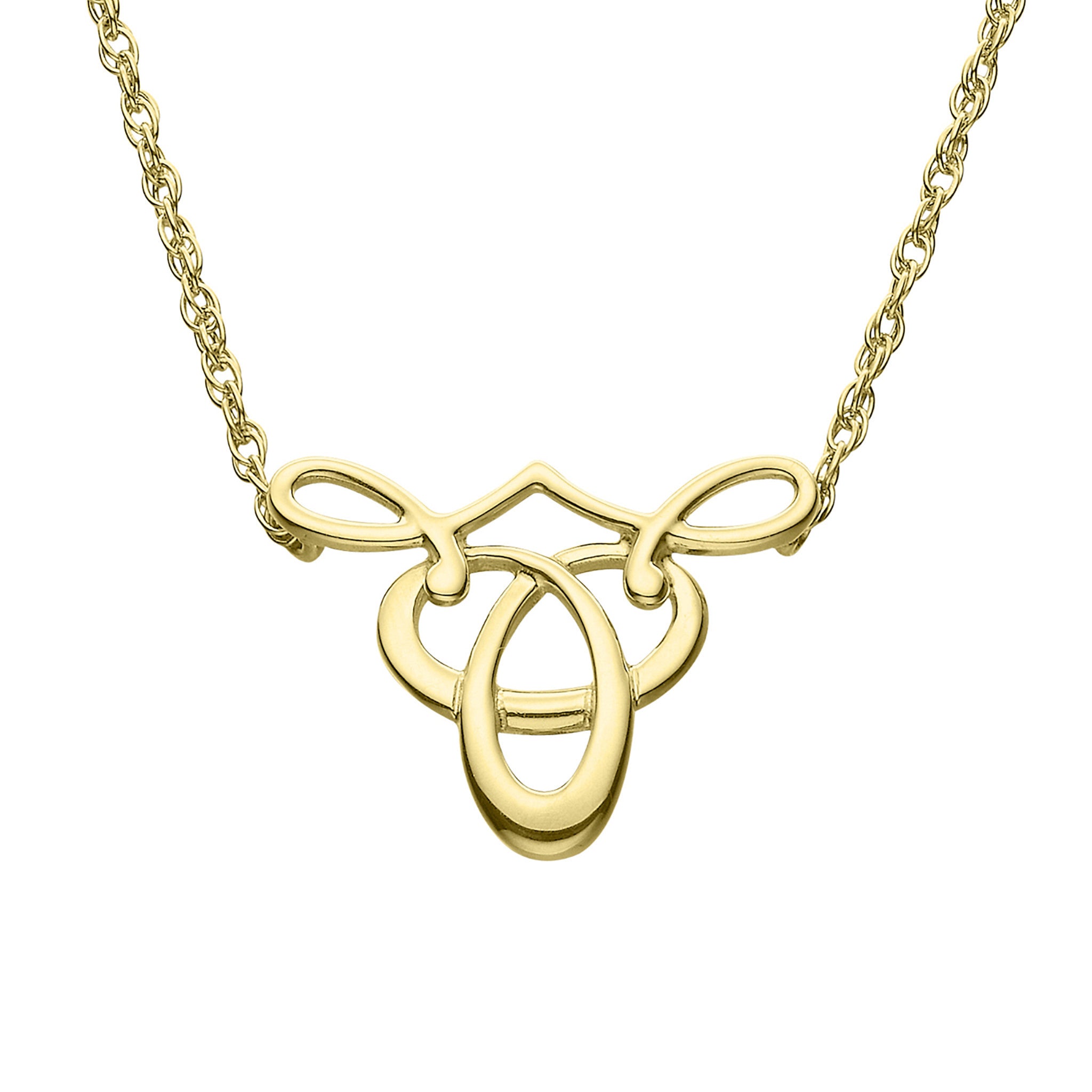 A small gold necklet with a intricate, looped design, suspended from a chain.