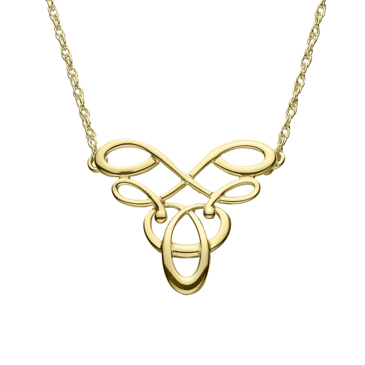 A gold necklet with a intricate, looped design, suspended from a chain.