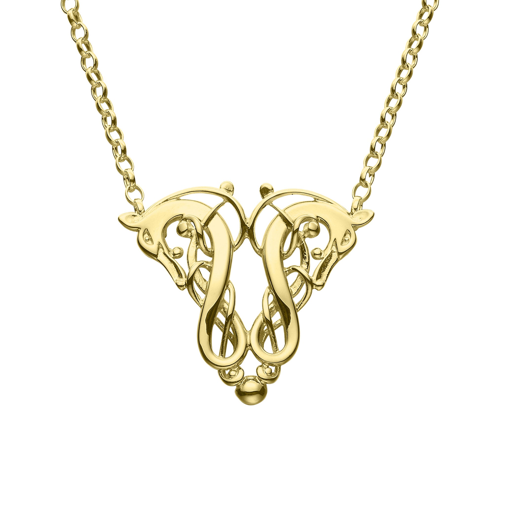 A gold necklace featuring a design of entwined two heads from a mythical beast, from the Finnish Beast collection