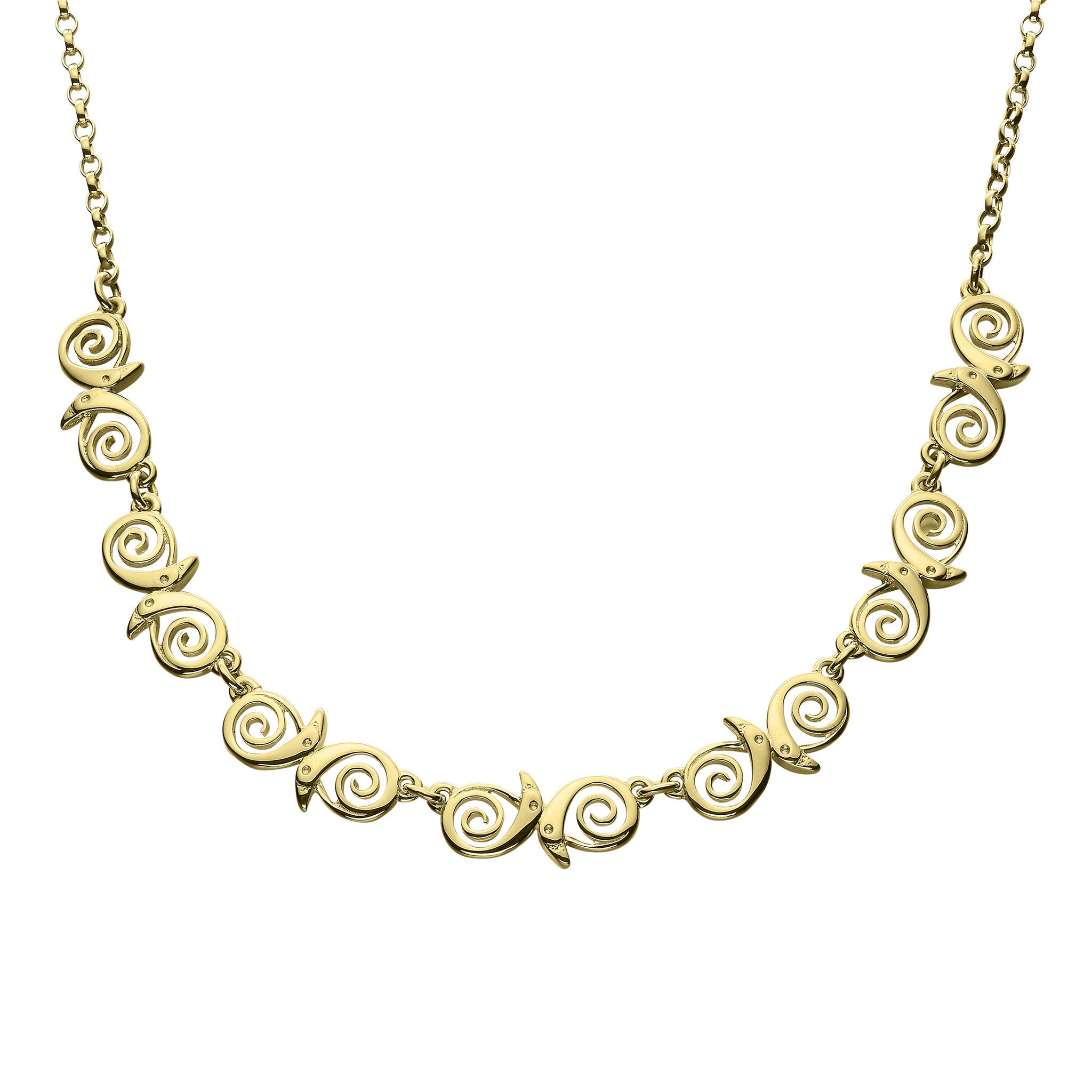 A gold  necklace featuring a series of  bird designs linked together, on a white background.