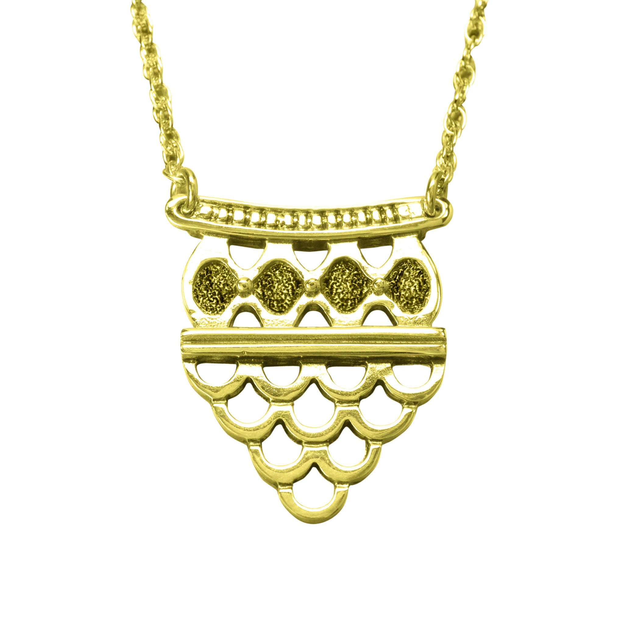 A gold necklet with a geometric scale like pattern