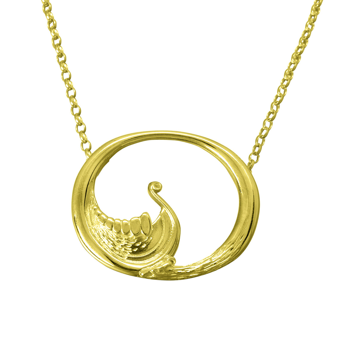 A gold necklace with a circular pendant that features a viking longboat design