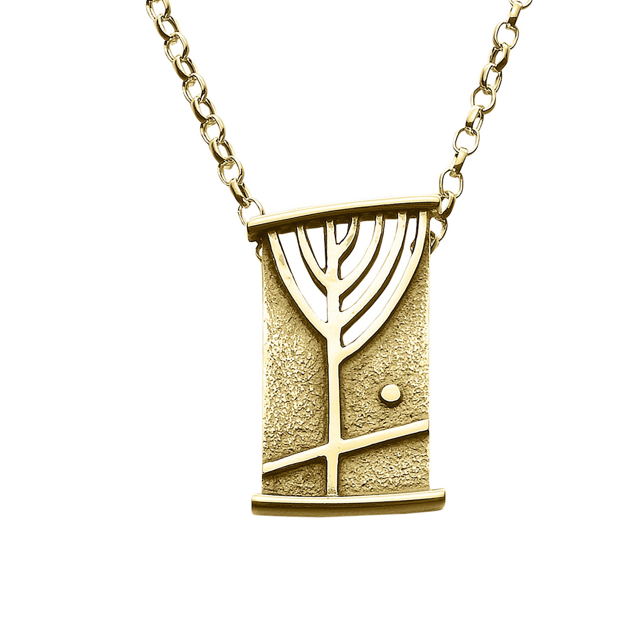 A gold necklace featuring a Rune shaped pendant with intricate detailing.