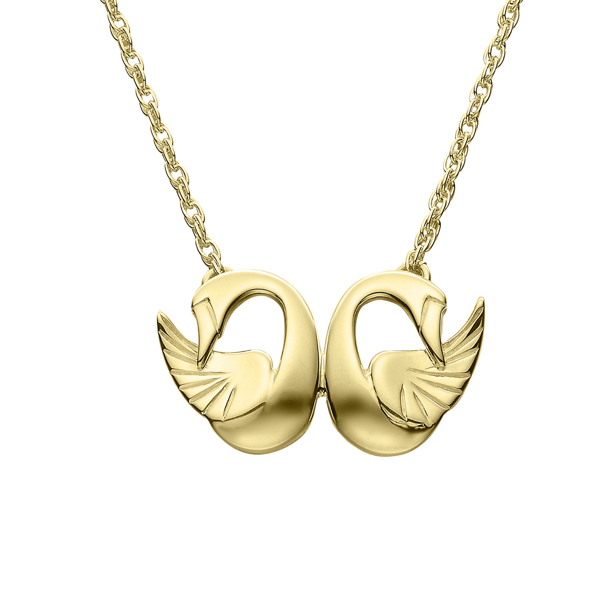 A gold necklace featuring a double swan pendant.