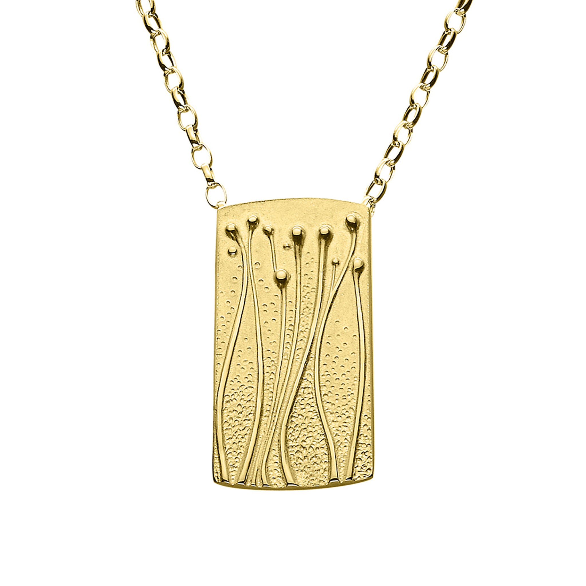 A gold necklace featuring a rectangular pendant with a floral pattern, displayed against a white background.