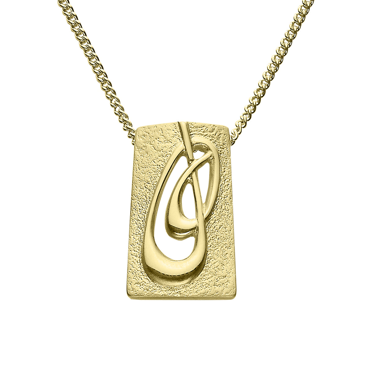 A gold necklace with a small rectangular silver pendant featuring a geometric design