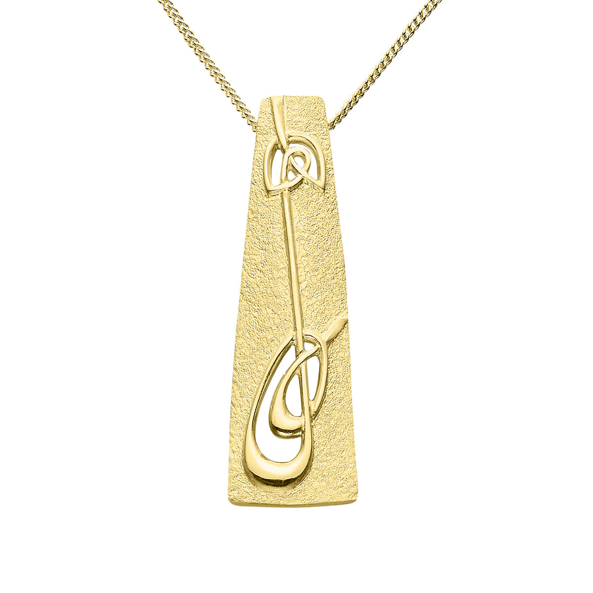A gold necklace with a long rectangular silver pendant featuring a geometric design